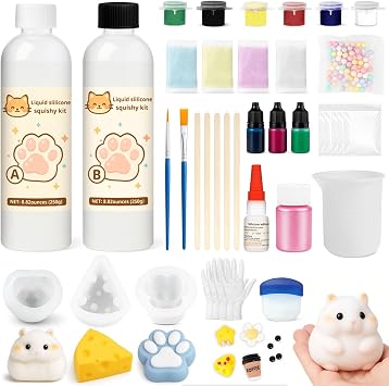 1DFAUL Liquid Silicone Squishy Making Kit, 17.6oz Squishy Gel Make Your Own Squishies, No Bubbles & Fast Cure, with Hamster, Cat Paw, Cheese Molds, Fun Stress Relief, DIY Gifts