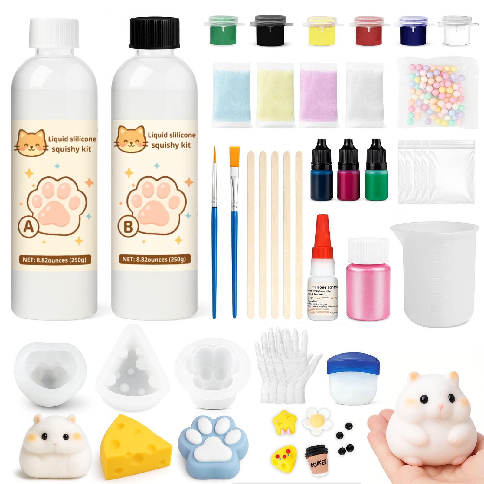 1DFAUL Kit para hacer Squishy de silicona líquida 17.6oz, Sin burbujas y secado rápido, Con hámster, pata de gato y moldes de queso, divertidos juguetes para aliviar el estrés, regalos DIY