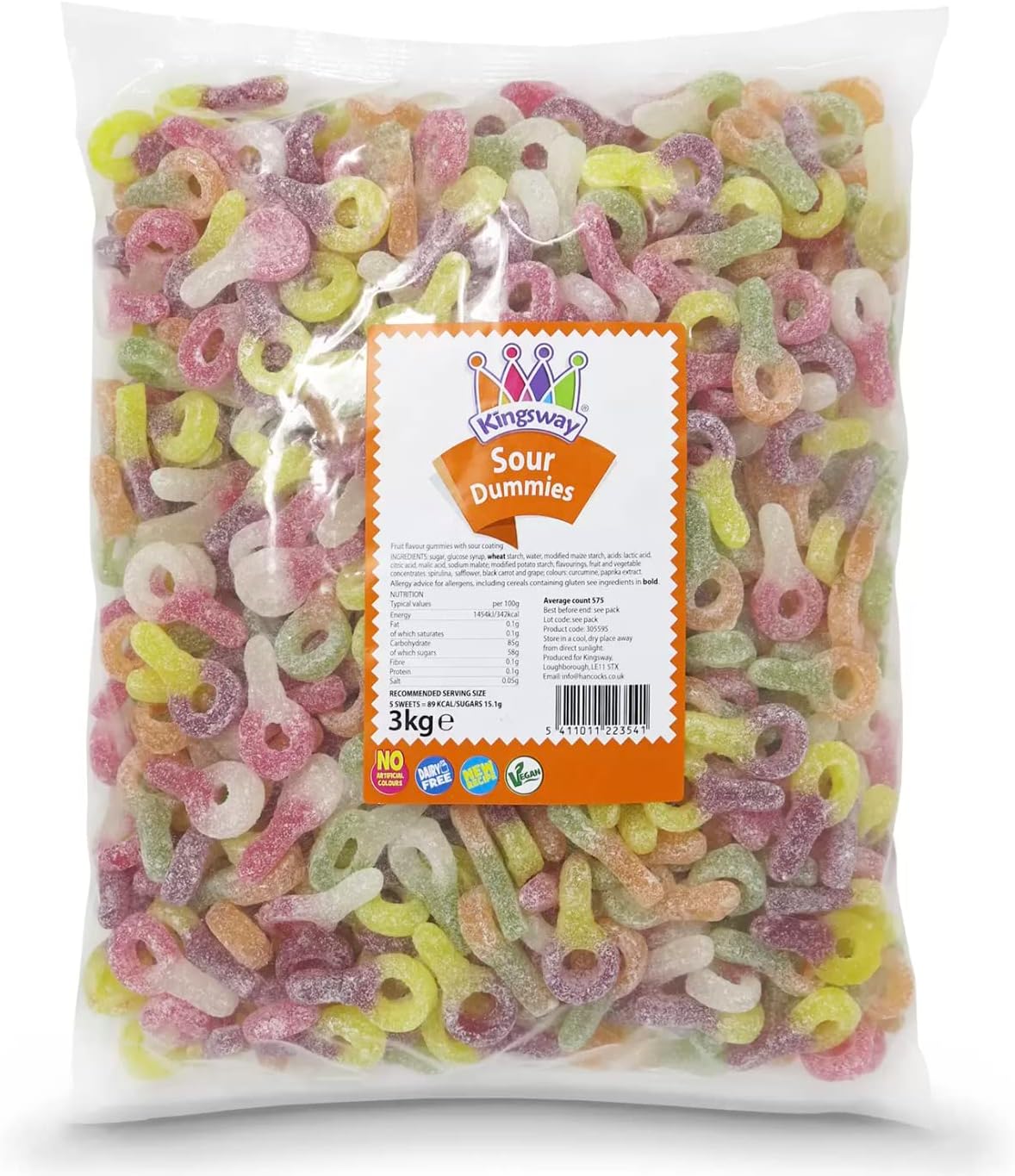 Kingsway Sweets Bulk Wholesale Bags, Pick n Mix, Fizzy, Non Fizzy, Jellies, Classic Sweets (Kingsway Sour Dummies, 3KG Bulk Bag)