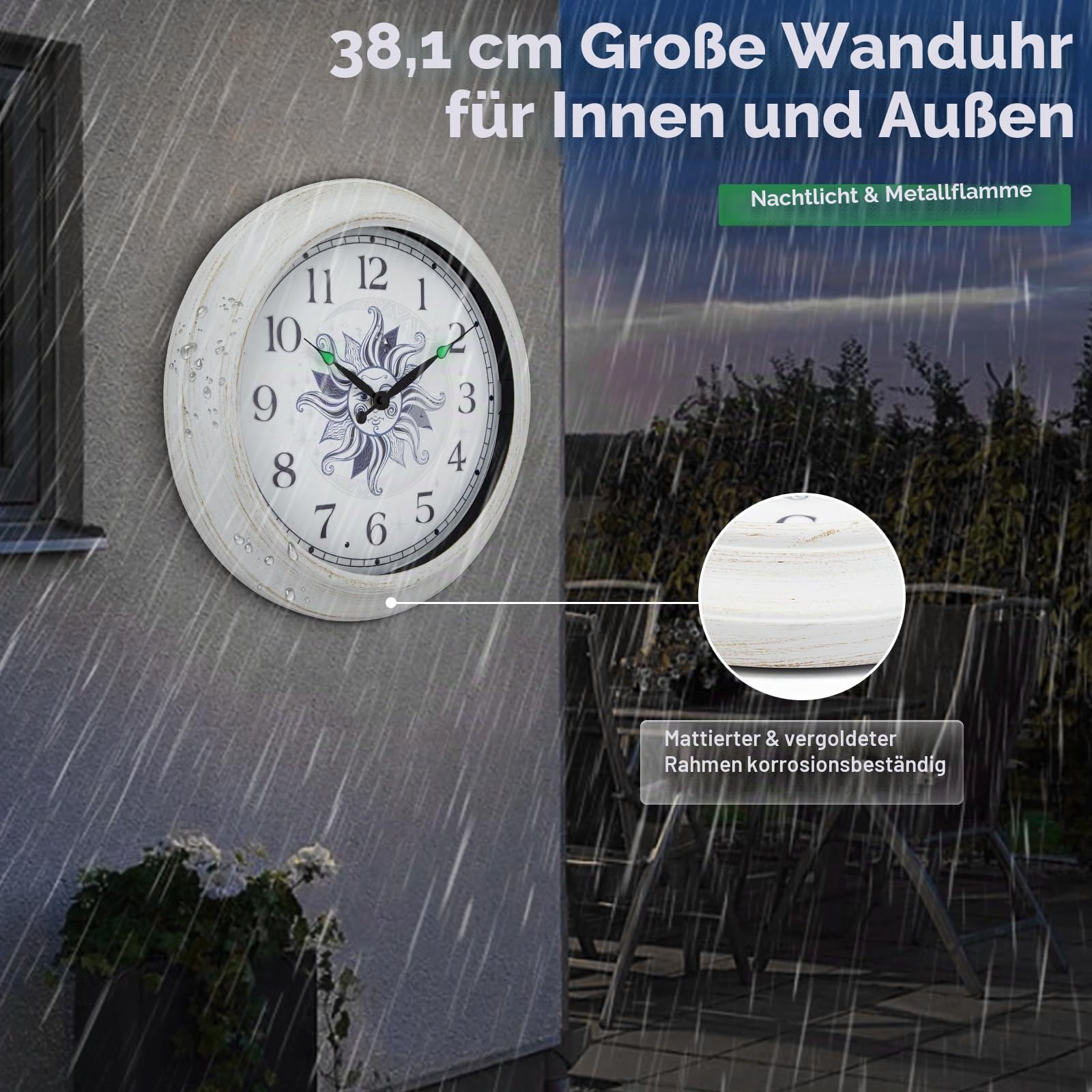 OCEST Outdoor-Uhr Garten Groß - Wetterfeste Wanduhr mit Thermometer, Wasserdicht, Geräuschlos, Batteriebetrieben, Dekouhr für Terrasse, Balkon, Pool & Patio | Batteriebetrieben, Sonnen- und Mond-Zifferblatt, wetterbeständig, Terrasse, Garten, Pool und Woh