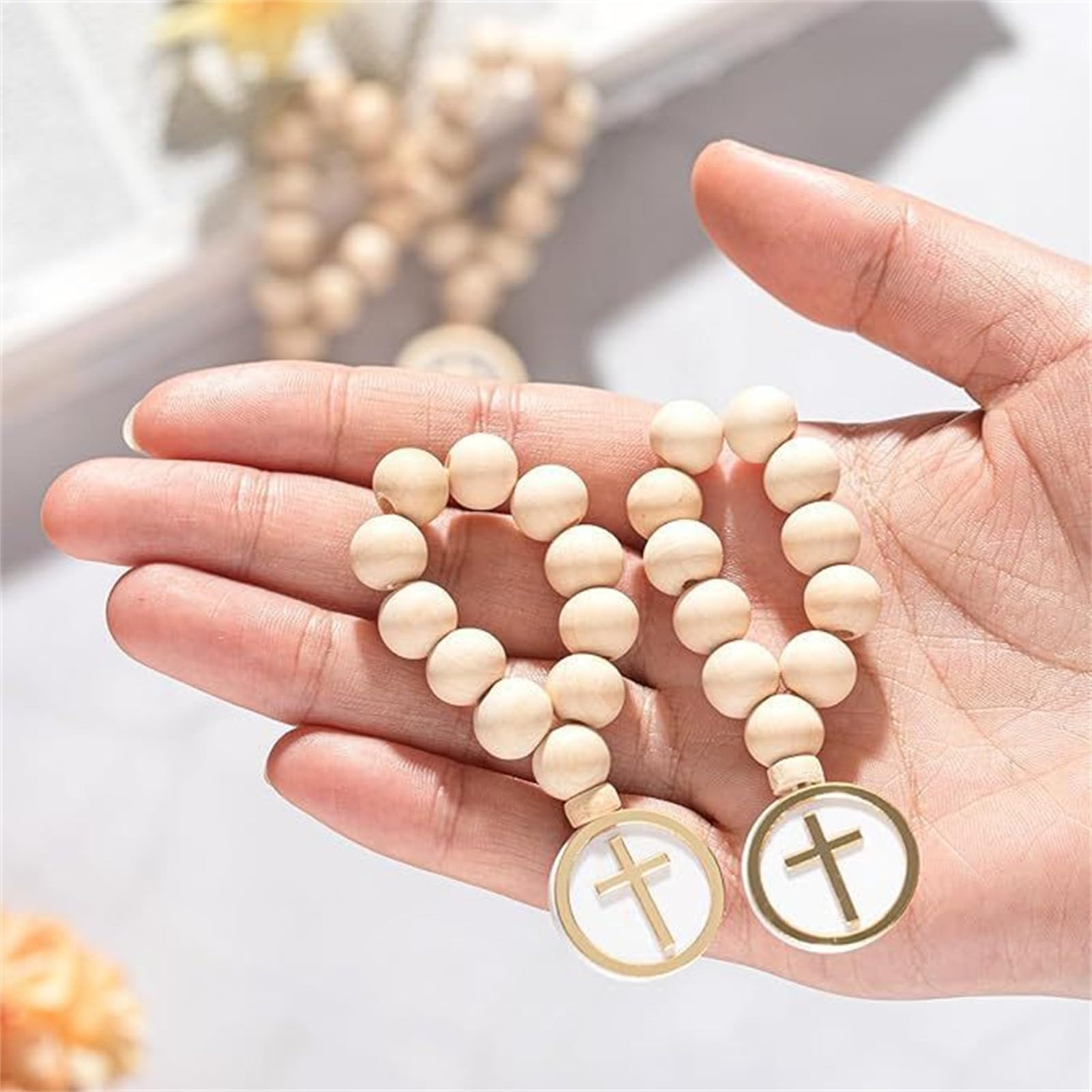 Rosario de cuentas de madera con crucifijo, rosario de primera comunión, con bolsas de organza, regalo de bautizo, unisex