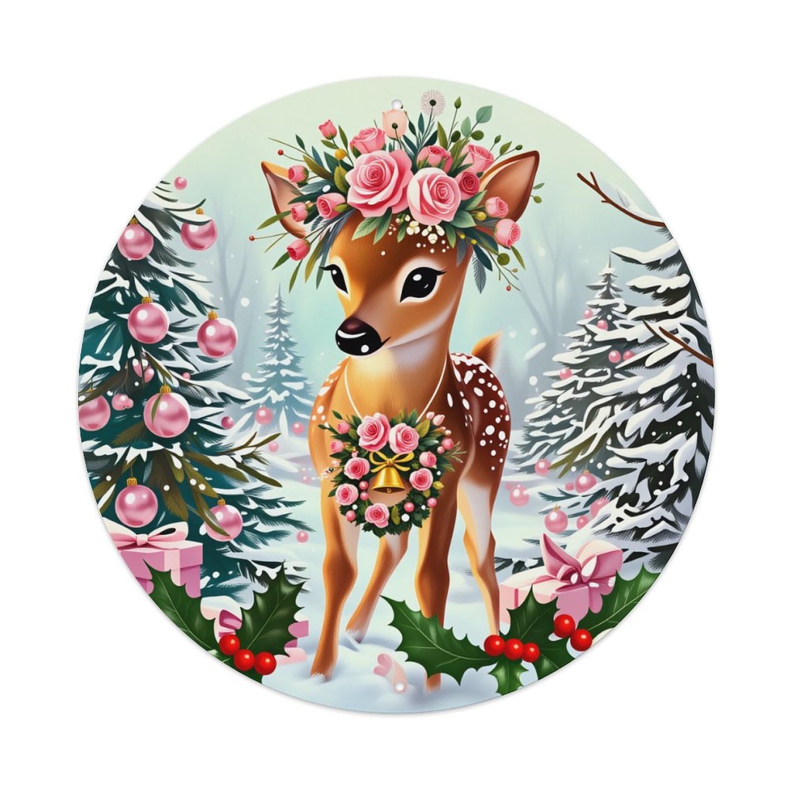 Christmas Deer Floral Winter Scene Round Tin Sign Vintage Metal Poster Retro Bar, Home, Man Cave, Kitchen, Laundry Room Wall Art Decor Gift 8x8Inch