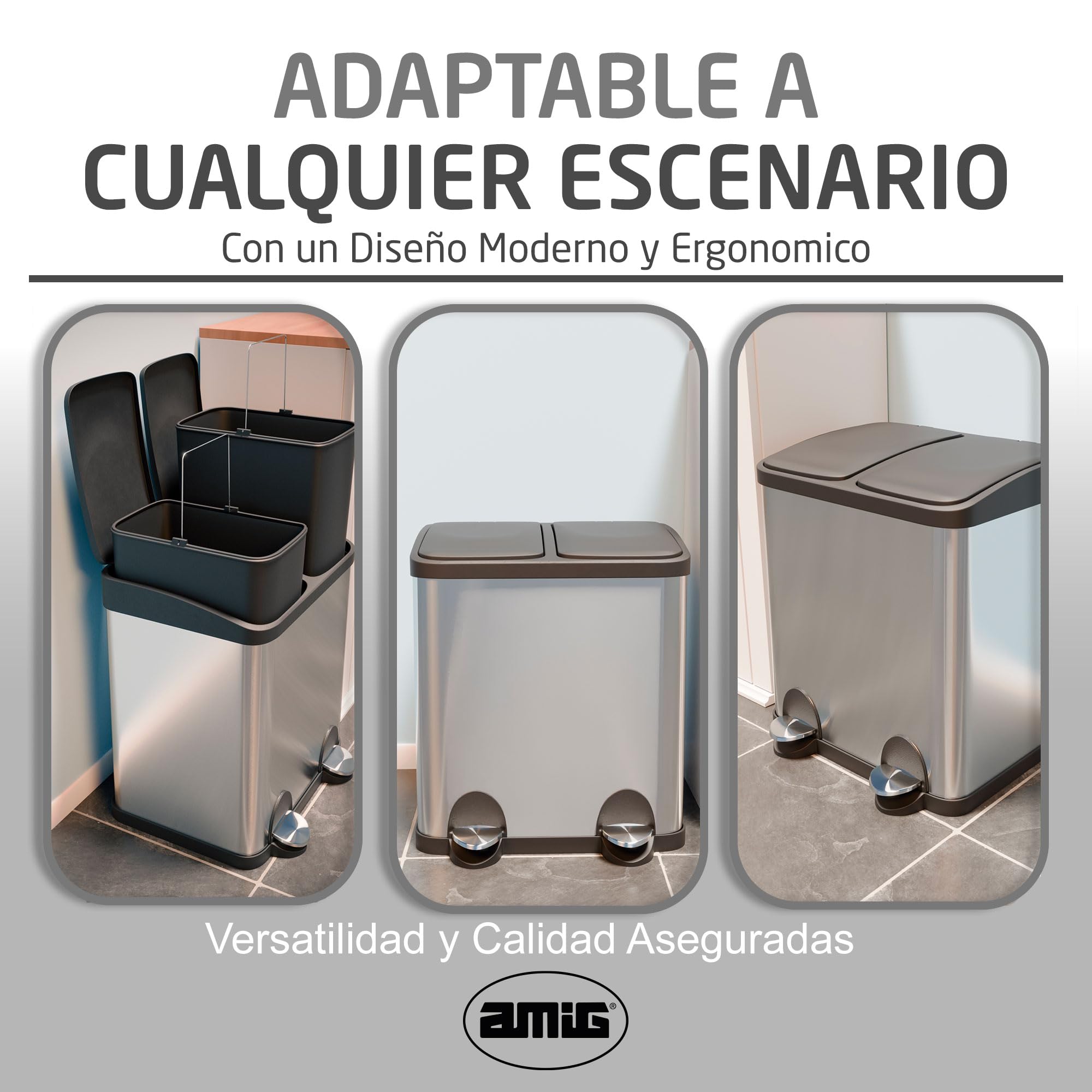 Amig - Cubo de Reciclaje Doble con Pedales Mod. RECIK2-30 Litros: 2 Compartimentos de 15 L - 48 x 32 x 40 cm - Acero Inoxidable - Plateado - Cubo de Basura Antihuellas para Cocina - Diseño Moderno