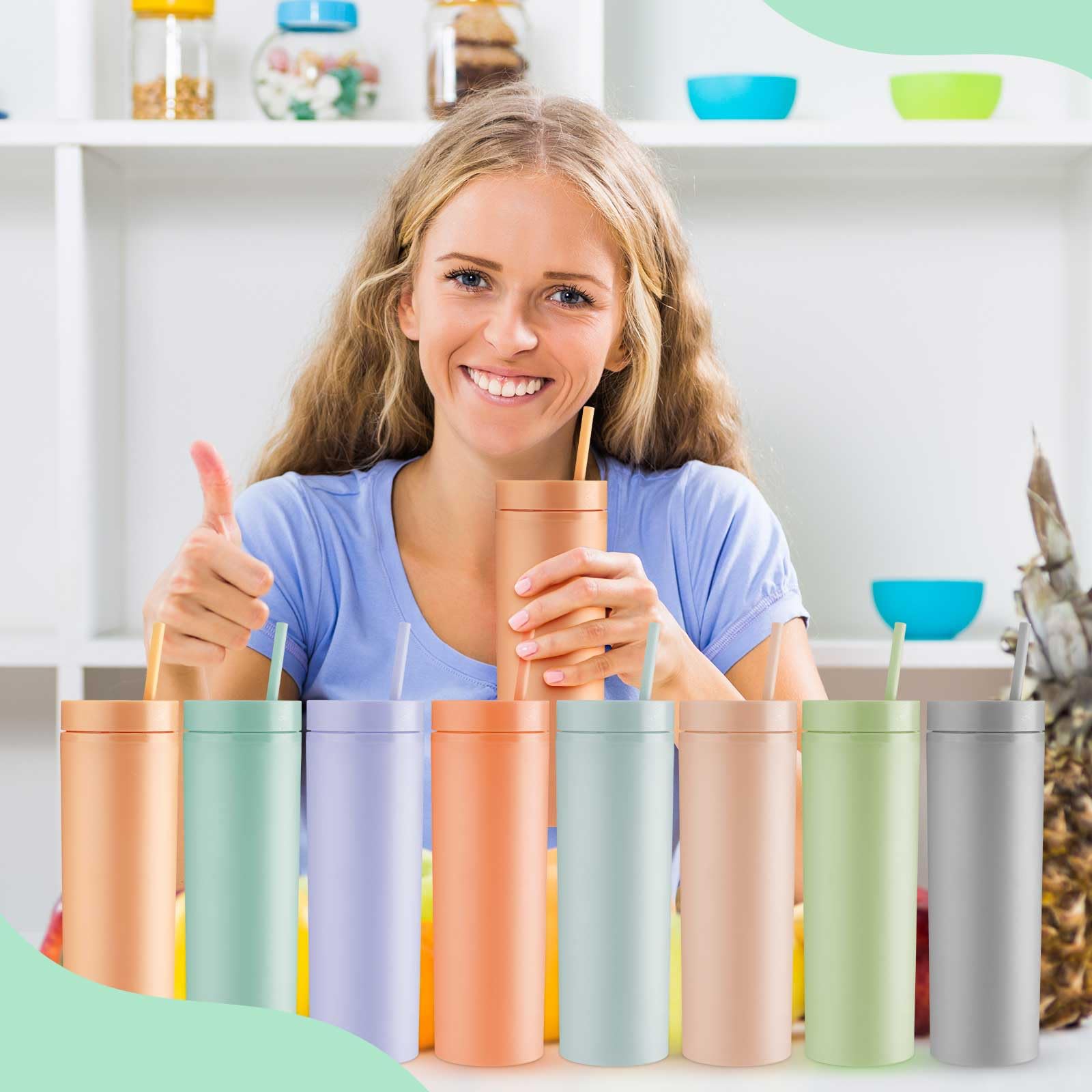 Tanlade 10 Pieces 16 oz Multi Colored Skinny Tumbler with Lid and Straw Matte Pastel Colored Cups Double Layer Plastic Tumbler Cups Reusable Cup Gifts for Cold Hot Drinks Tumblers