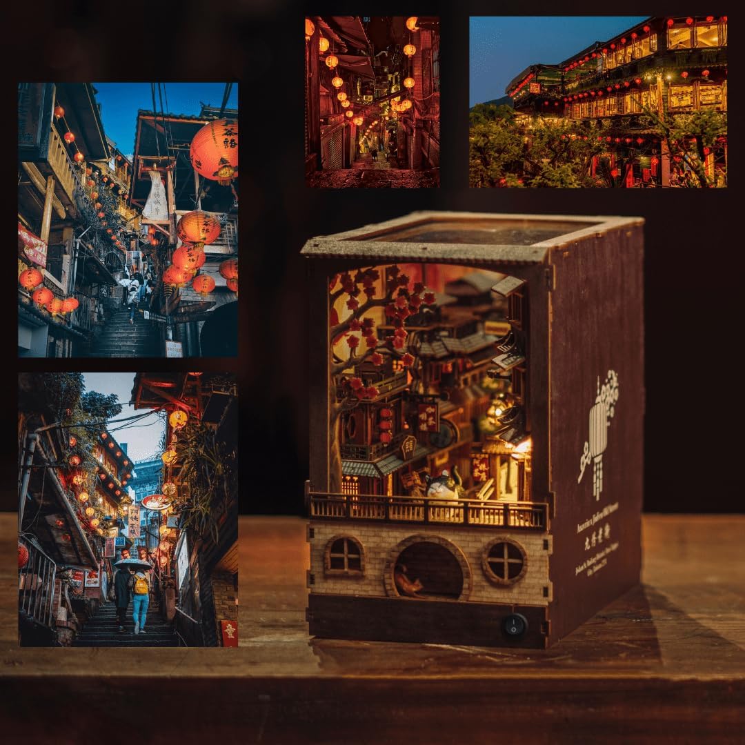 Anavrin Book Nook Kit JiuFen Old Street – DIY 3D Wooden Booknook for Adults, Teens and Book Lovers, Bookshelf Insert Library Decor, Creative Gift for Family, Friends, and Elderly