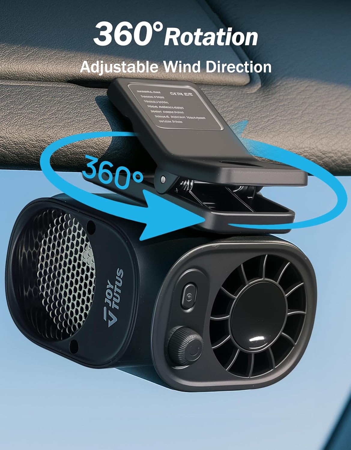 JOYTUTUS Car Clip Fan 【Without Cooling Function】 with LED Display, 360° Rotation, 100 Speed Settings, USB Rechargeable, 1800mAh Battery, Stepless Speed Control - Charging