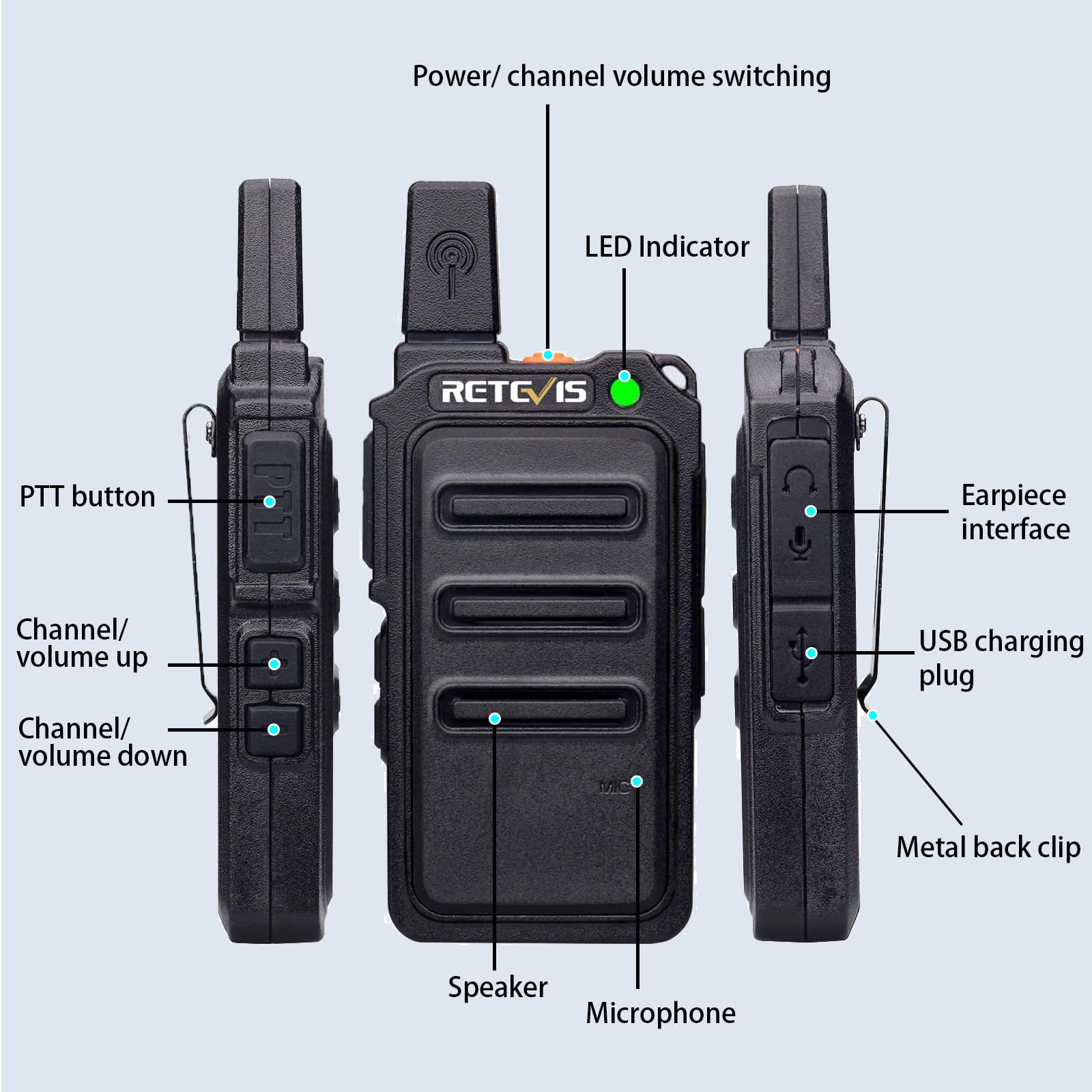 Retevis RT619 Walkie Talkie z Zestawem Słuchawkowym Zestaw Radiowy Pmr Daleki Zasięg 1300 mAh Bez Licencji 16 Kanałów VOXWalkie Talkie Akumulator Dla Sił Bezpieczeństwa, Szkoła (10 Sztuk, Czarny)