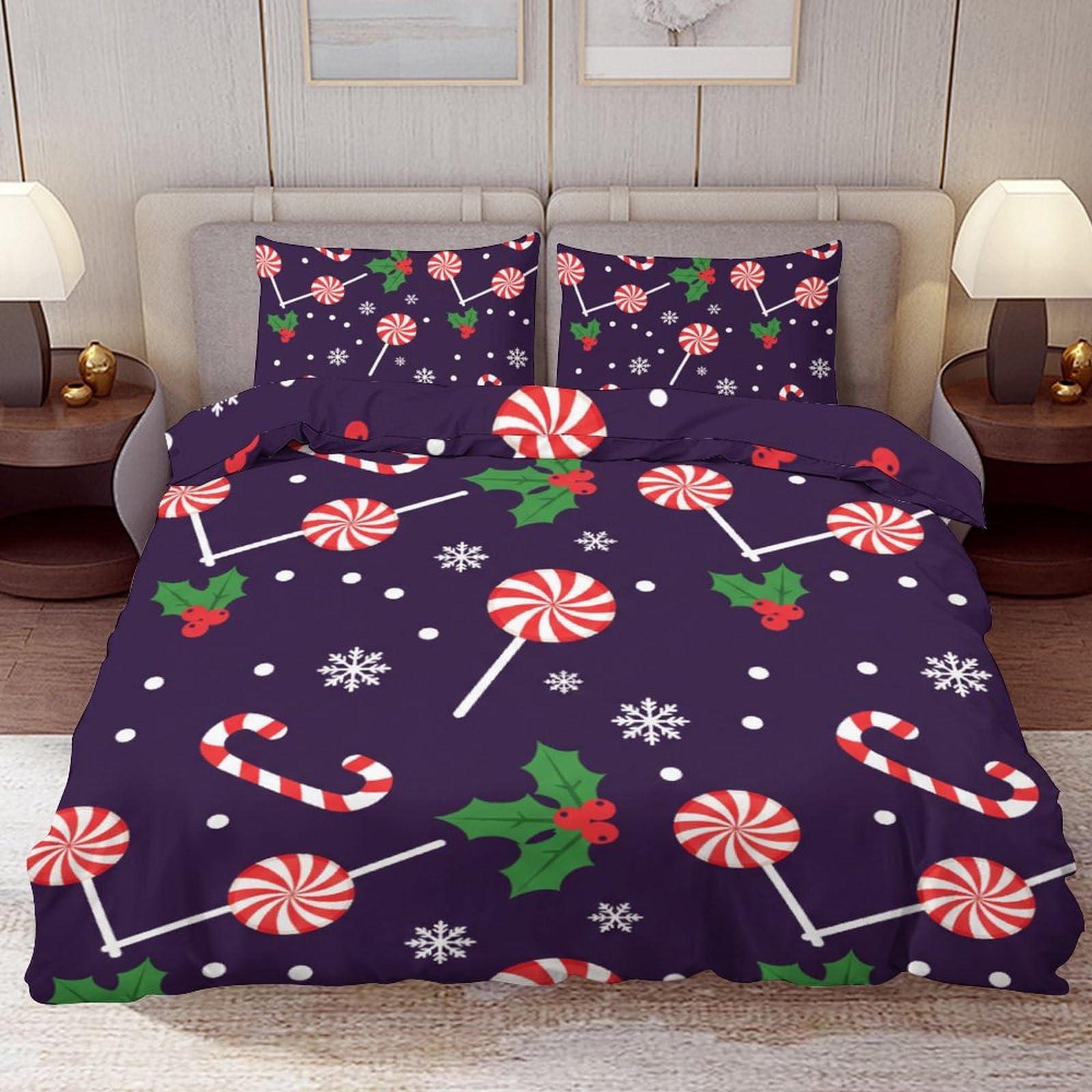 Delerain Comforter Cover Set Twin Size, Christmas Candy and Holly 3-Piece Bedding Set for Boys Girls Teens Modern Soft Microfiber Bedroom Set Room Decor, 1 Duvet Cover + 2 Pillowcases