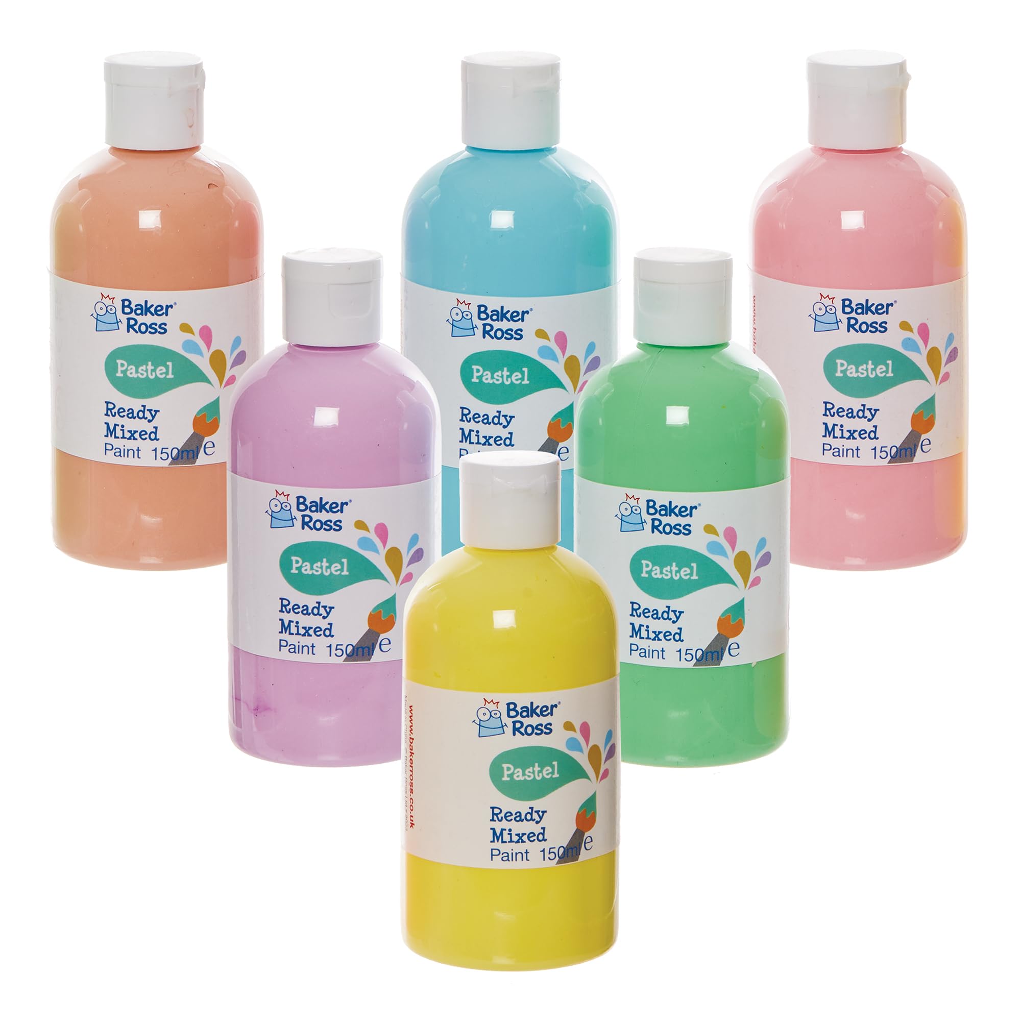 Baker Ross FN240 Pastel Ready Mixed Poster Paint Pack - Pack of 6 Bottles, 150ml, Assorted Colours, Water Based, Art Projects