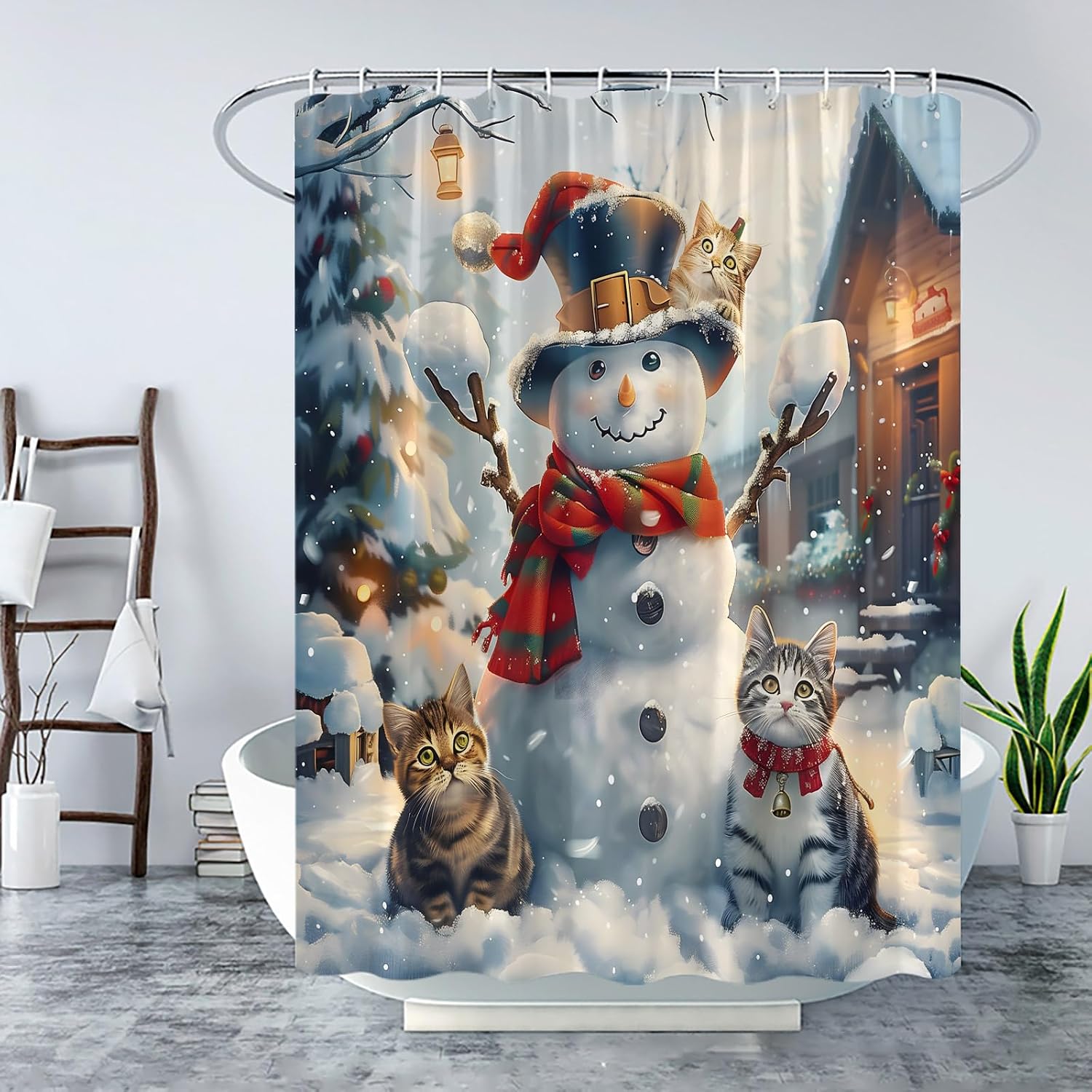Winter Christmas Shower Curtain Cute Funny Snowman Cat Xmas Pine Tree Snowflake Rustic Farmhouse Snow Scene Merry Christmas Winter Holiday Happy New Year Fabric Bath Curtain with Hook
