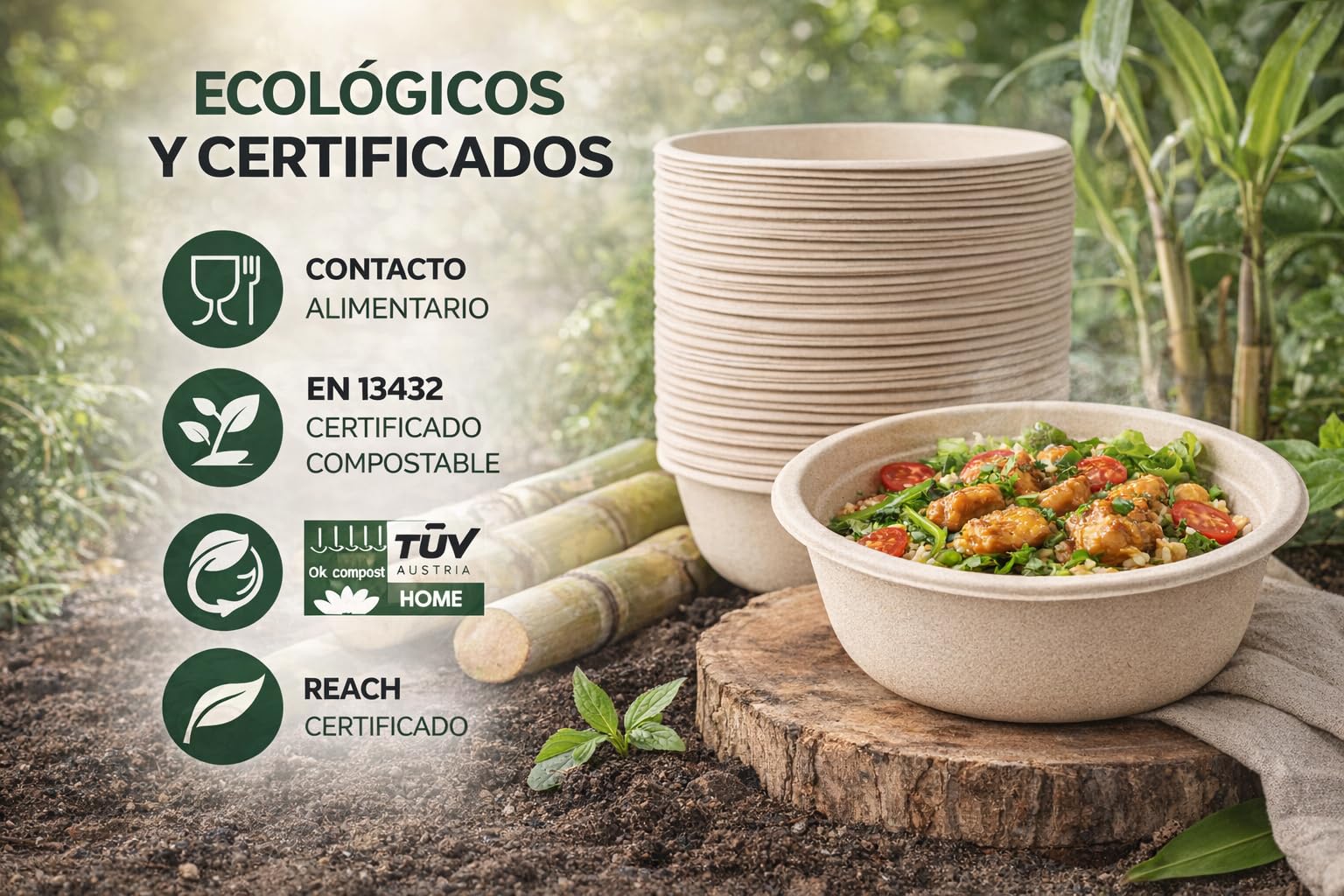 Bol Desechable Bagazo de Caña de Azúcar – Apto Microondas – Biodegradable y Compostable – Antigoteo – Para Caliente y Frío – Kraft Natural o Blanco – 350 ml / 500 ml / 900 ml (200, BLANCO, 900 ml.)