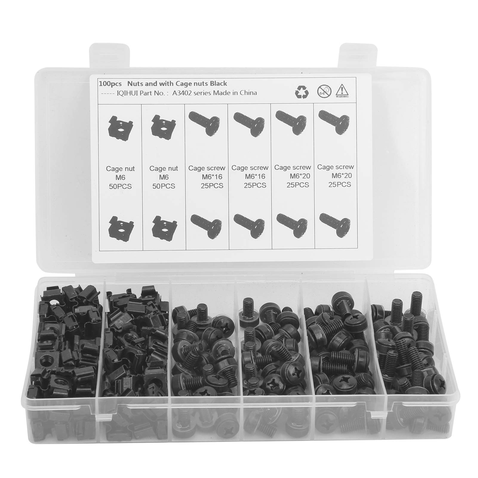 Set di viti dadi a gabbia M6, hardware di montaggio in acciaio al carbonio, kit di dadi a gabbia neri con 100 dadi e 100 viti, per rack, chassis, controller, armadi, veicoli,
