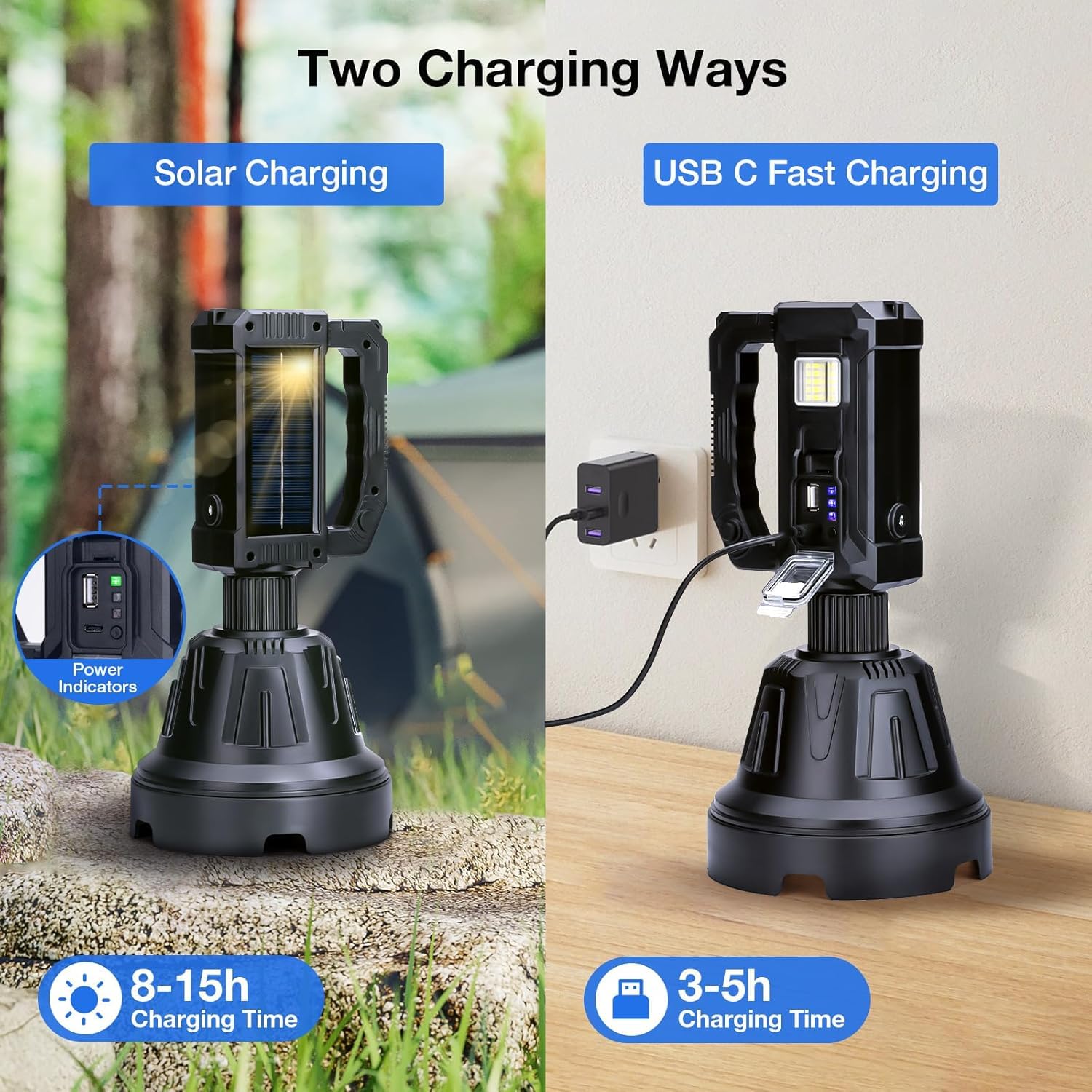 Wiederaufladbarer Strahler, 2.000.000 Lumen, LED-Solar-Strahler, Outdoor-Handlampe, lange Reichweite, Taschenlampe mit 6 Modi, USB-Ausgang, USB C, IPX5 wasserdicht für Angeln, Bootfahren