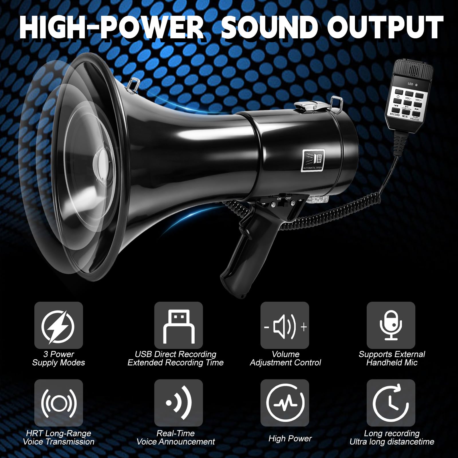 WingFly Megáfono 150W Bluetooth Grabación Alcance 2000m Altavoz Sirena Micrófono Externo USB