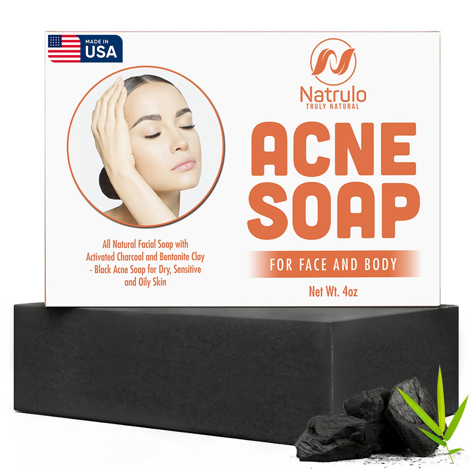 Natrulo Acne Soap Cleansing Bar for Face & Body – Black Activated Charcoal Soap with Bentonite Clay for Dry, Sensitive & Oily Skin – Black Acne Facial Cleanser for Pimples & Scars Made in USA