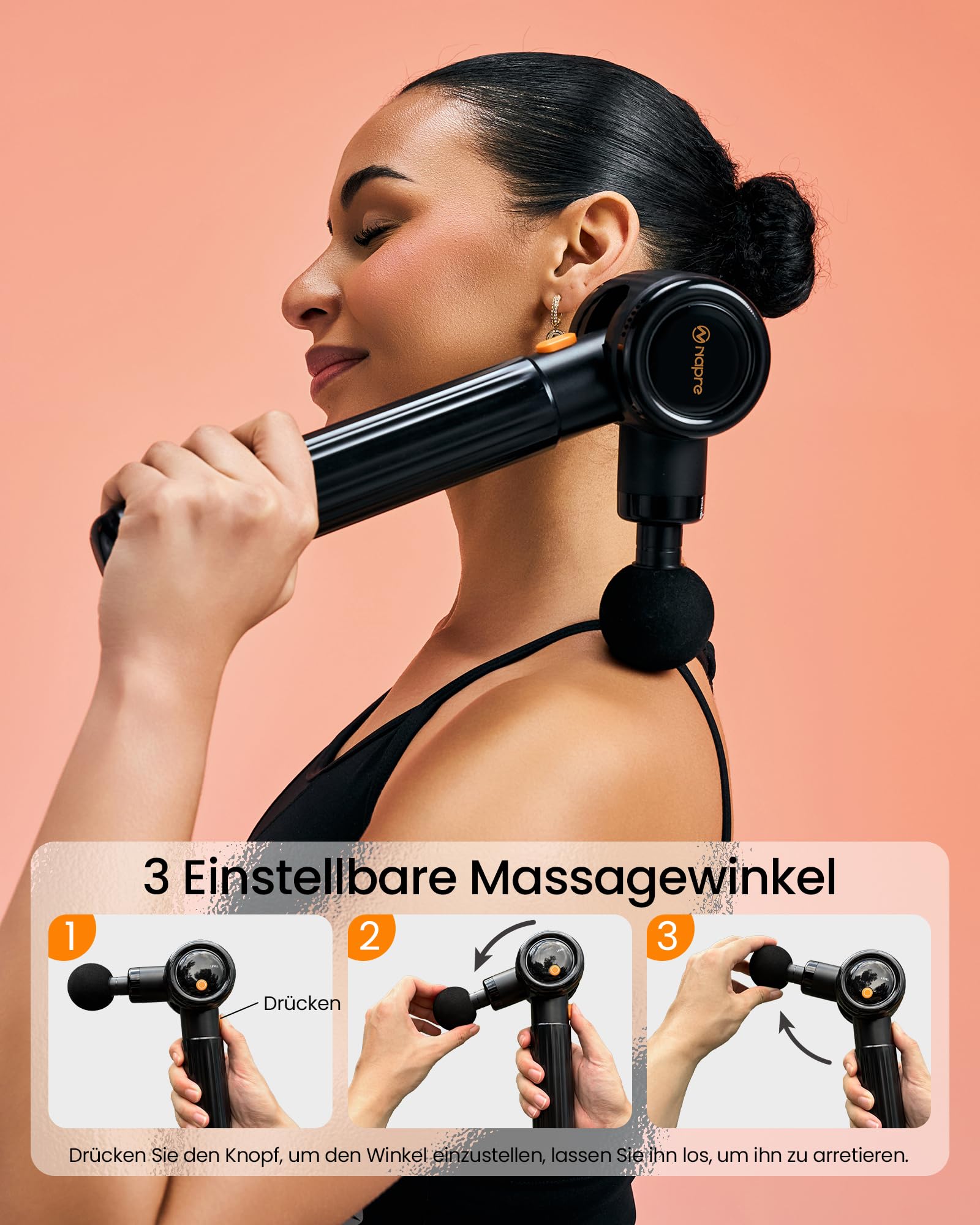 Massagepistole,Napre Massage Gun Massage Pistole mit Verlängerungs Griff und 3 Einstellbaren Winkeln,Muskel Percussion Massagegerät für Rücken/Nacken/Schulter Entspannung,Handmassagegerät,Schwarz