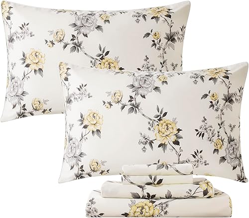 FADFAY Juego de sábanas florales de tamaño matrimonial, ropa de cama vintage con diseño floral de rosas, color gris y amarillo, ropa de cama de casa