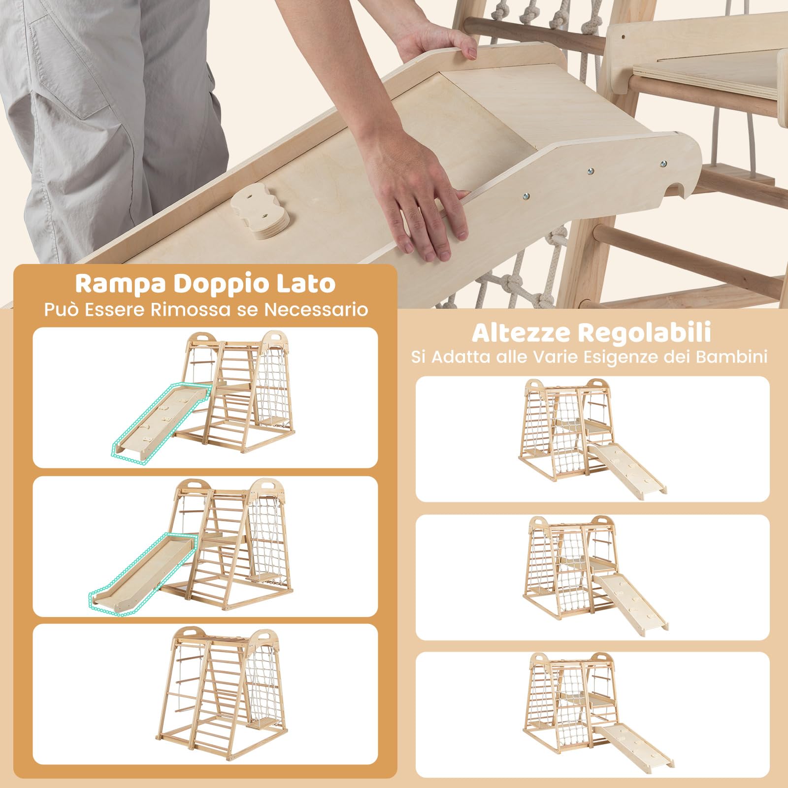 RELAX4LIFE 8 in 1 Set da Arrampicata per Bambini, Parco Giochi in Legno con Scivolo, Altalena, Scala a Corda, Giochi Montessori Educativi per Bambini 3+ Anni (Naturale)