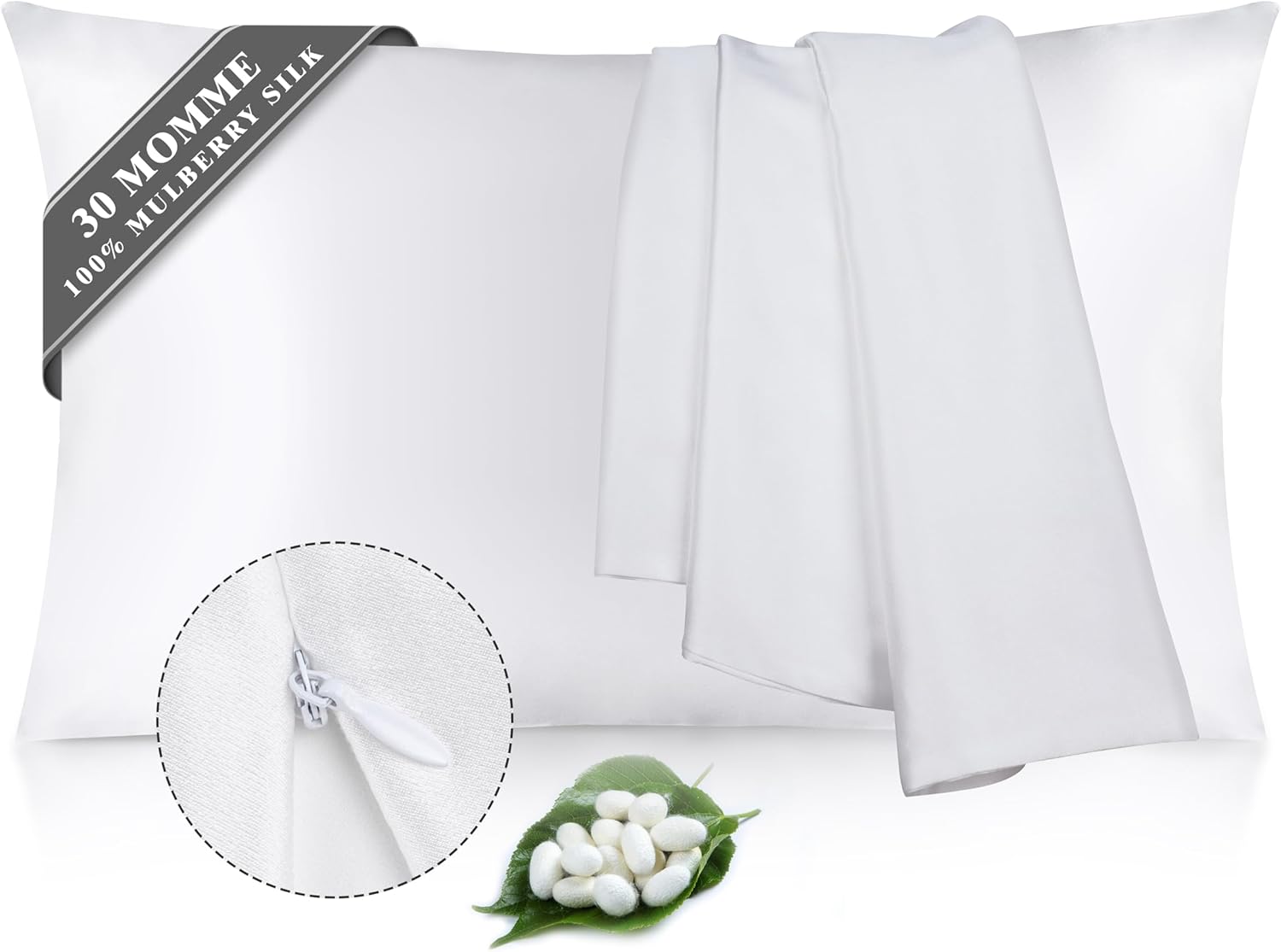 100% Pure Mulberry Silk Pillowcases: 30 Momme Soft White Silk Pillow Cases 6A High-Grade Smooth Cooling Pillow Cover for Sleeping Hair & Skin Health with Hidden Zipper (White, Queen)