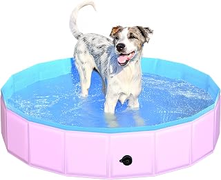 CACSPS 2025 Foldable Dog Pool 39.5x12" Non-Slip Kiddie Pool with Hard Plastic - Collapsible Bath Tub for Dogs Kids Pets Outdoor (Pink)