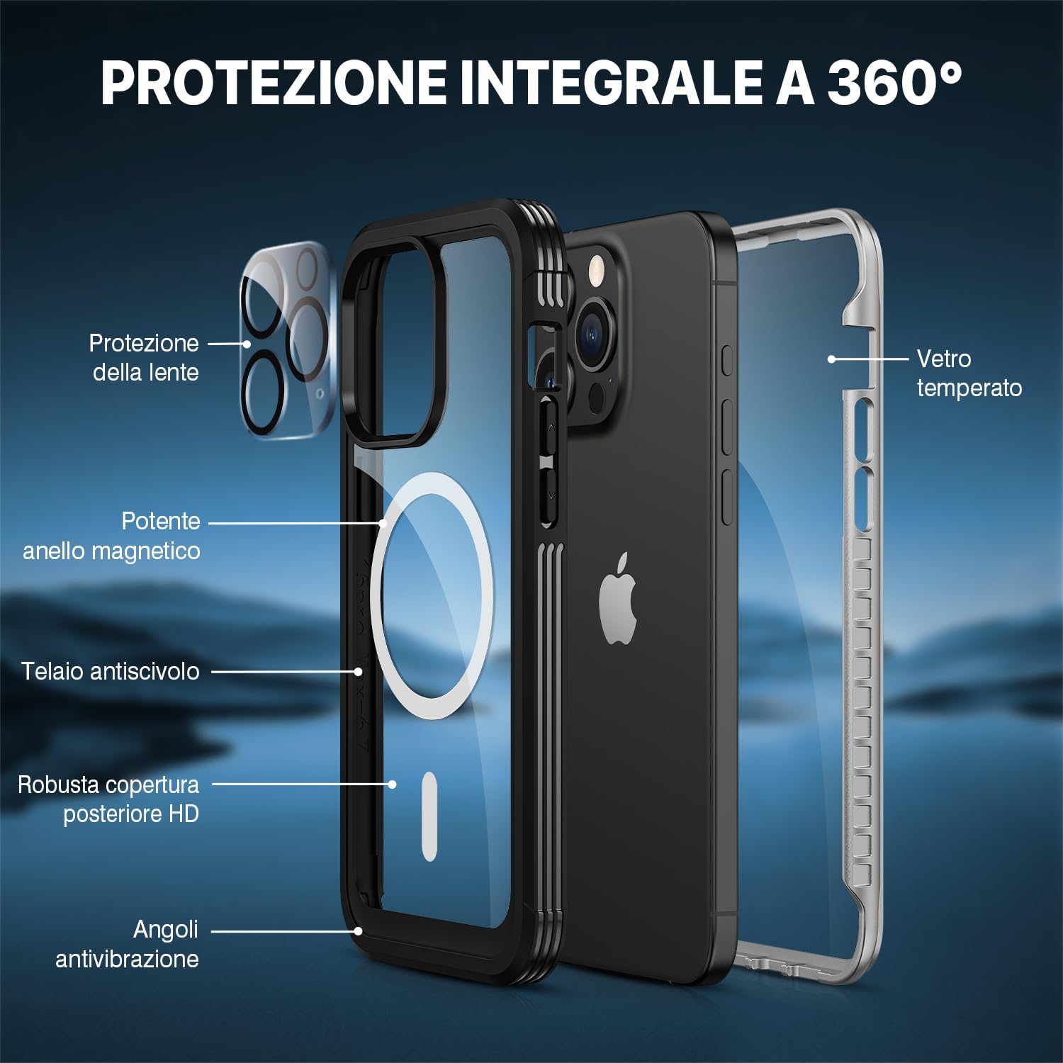 CENHUFO Cover Magnetica iPhone 15 Pro Max, [Compatibile con Magsafe] Integrata [9H HD] Vetro Temperato Schermo e Protezione Fotocamera, Custodia Antiurto 360 Gradi Rugged Doppia Faccia Case - Nero