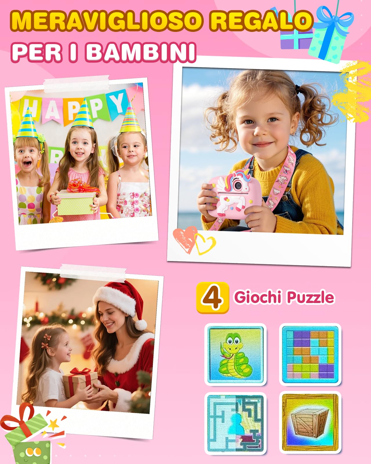 Macchina Fotografica Bambini Istantanea, 48MP 1080P Fotocamera Digitale Bambina con 32 GB e 4 Carta da Stampa, Regalo Gioco per Maschio e Femmina 3 4 5 6 7 8 9 10 11 12 Anni, Giochi Regali Compleanno