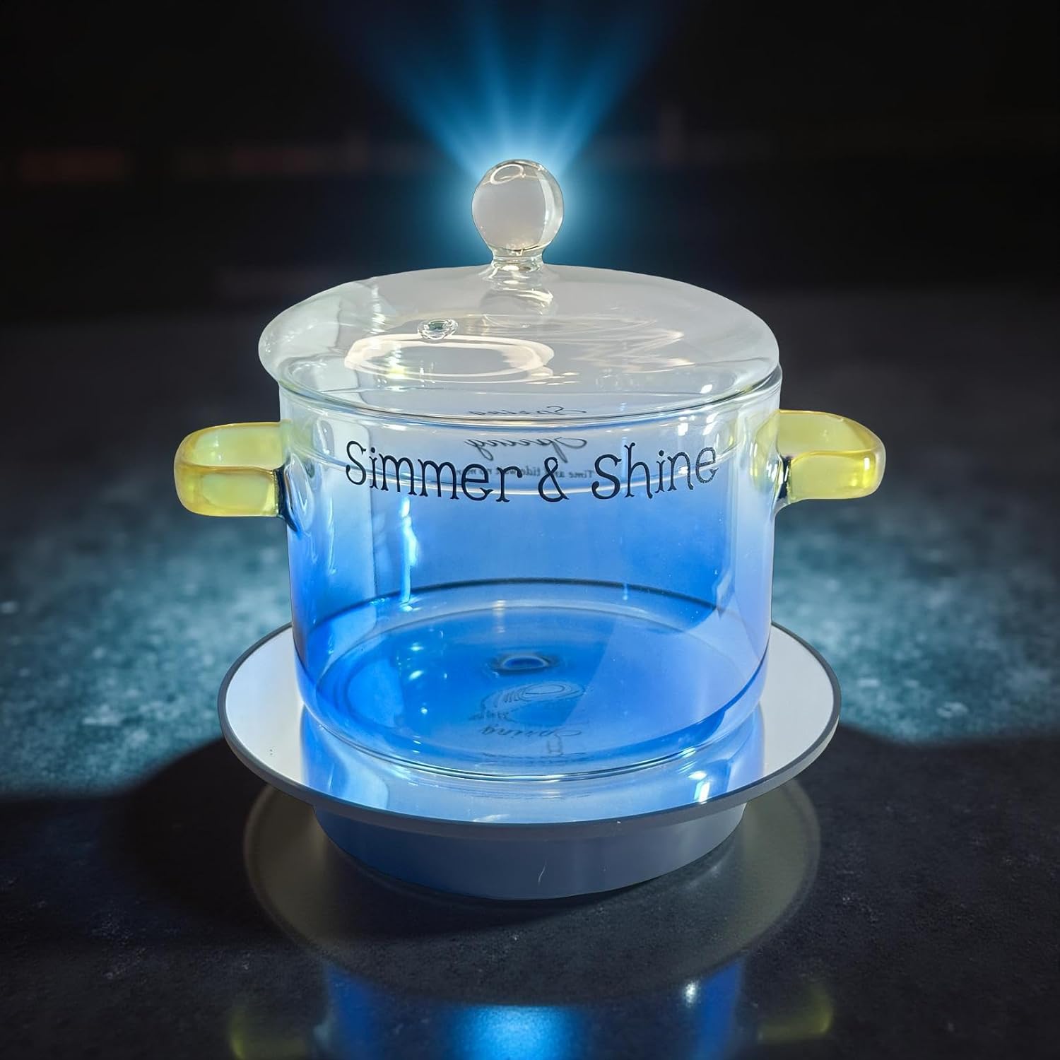 Simmer Pot Blue Glass, Hand Designed Simmer & Shine with Lid and Yellow Handles, 50 Fluid Ounces, Includes 3 Homemade Natural Aromatherapy Blend Kits