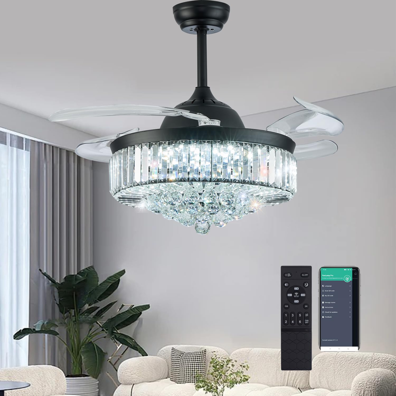 30 Inch Retractable Blade Fandelier - Dimmable Crystal Chandelier Fan With APP/Remote Control