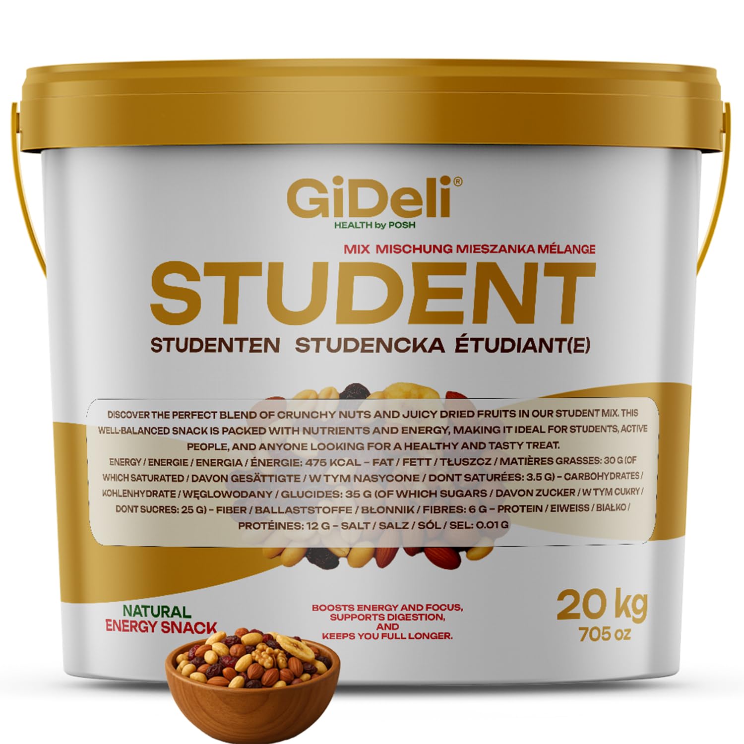 GiDeli Comida para estudiantes, 20 kg, en cubo, mezcla de frutas con cacahuetes, anacardos, avellanas, almendras, nueces, pasas, arándanos y chips de plátano, sin aditivos