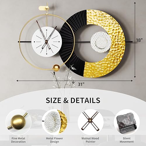 Miniatura 2 de Reloj de pared moderno y grande, funciona con pilas, reloj de pared de cuarzo silencioso para sala de estar, reloj vintage de lujo ligero y elegante