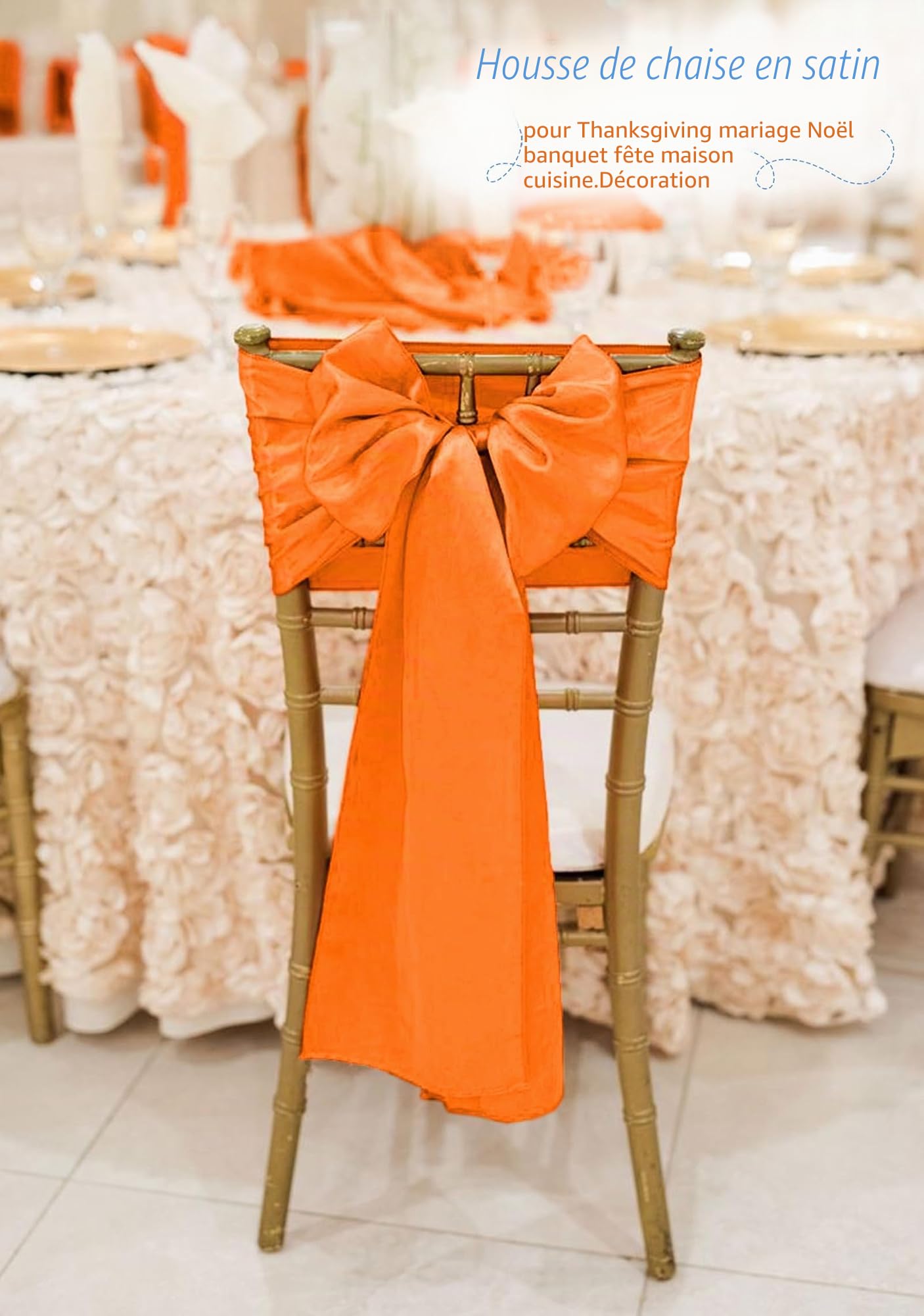 Lot de 60 rubans de chaise en satin orange avec nœuds conçus pour décoration de chaises, Thanksgiving, mariage, Noël, banquet, fête, décoration de la maison et de la cuisine (17,8 x 274,3 cm)