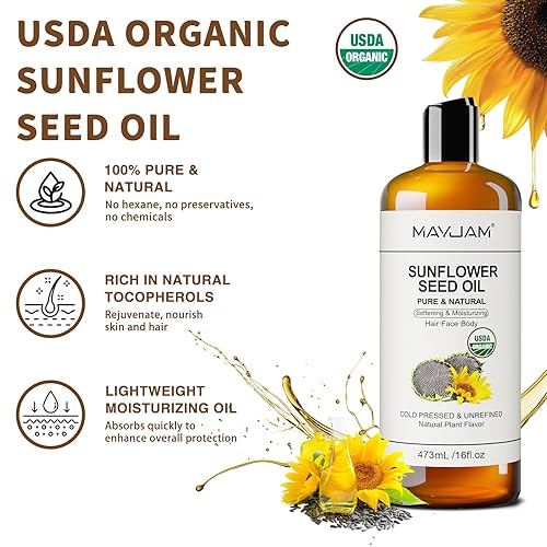 Miniatura 2 de MAYJAM Aceite orgánico de semilla de girasol de 16 onzas líquidas, aceite portador prensado en frío puro y natural certificado por la USDA, para