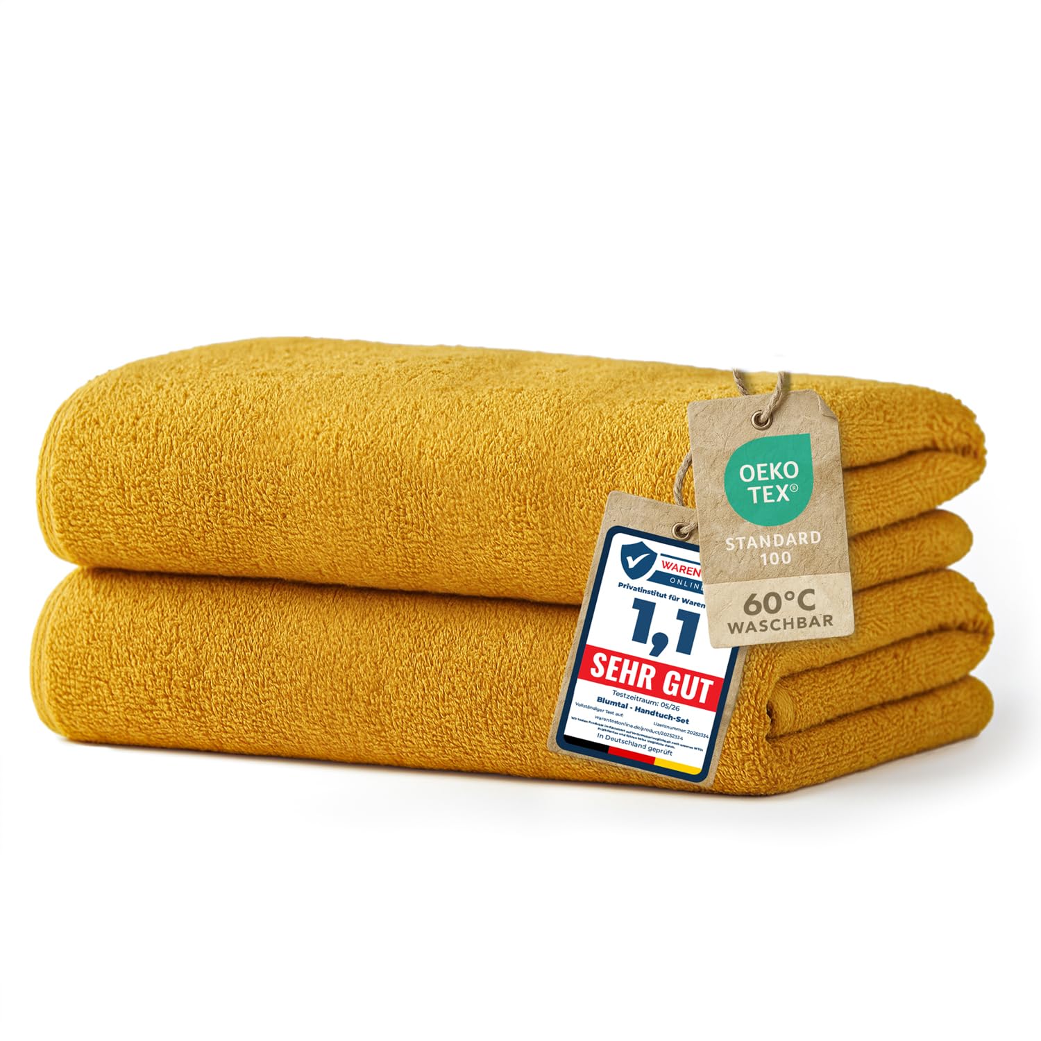 Blumtal Premium Frottier Handtücher Set 2 teilig 100% Baumwolle - Oeko-TEX zertifiziertes Towel 2X (50x100 cm) - Ultra saugstarkes Frottier Handtücher Set waschbar °60 - Towel - Handtuch Gelb