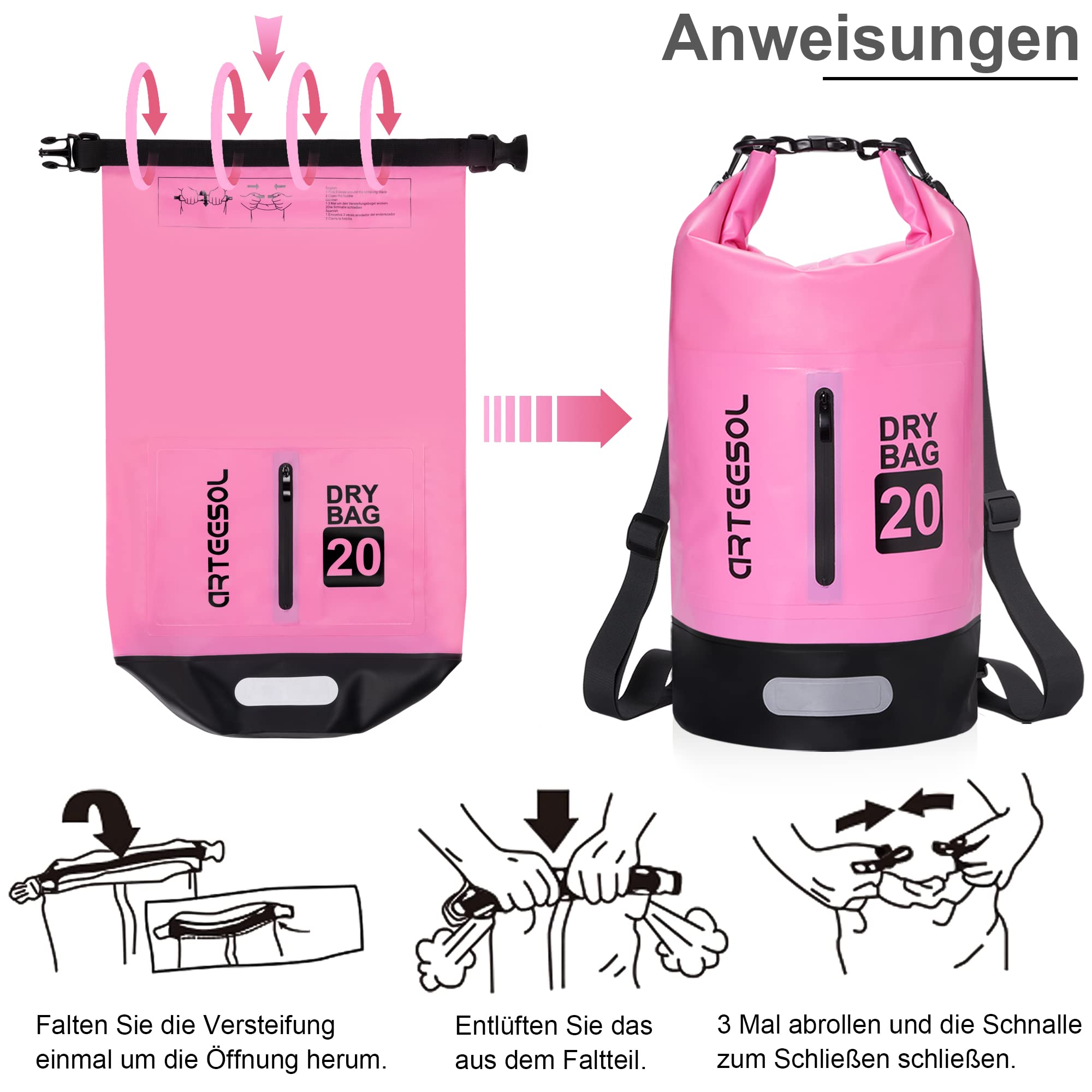 Blackace arteesol Borsa Impermeabile 5L/10L/20L/30L Waterproof Dry Bag Zaino Sacca Stagna con Doppia Tracolla per Nuoto Kayak Canottaggio Pesca Viaggiare in Bicicletta Spiaggia