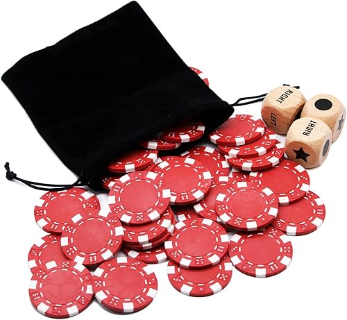 Miniatura 2 de Bilywey Juego de dados de centro izquierdo y derecho con 3 dados de madera de haya  36 fichas de póquer de 041oz rojo