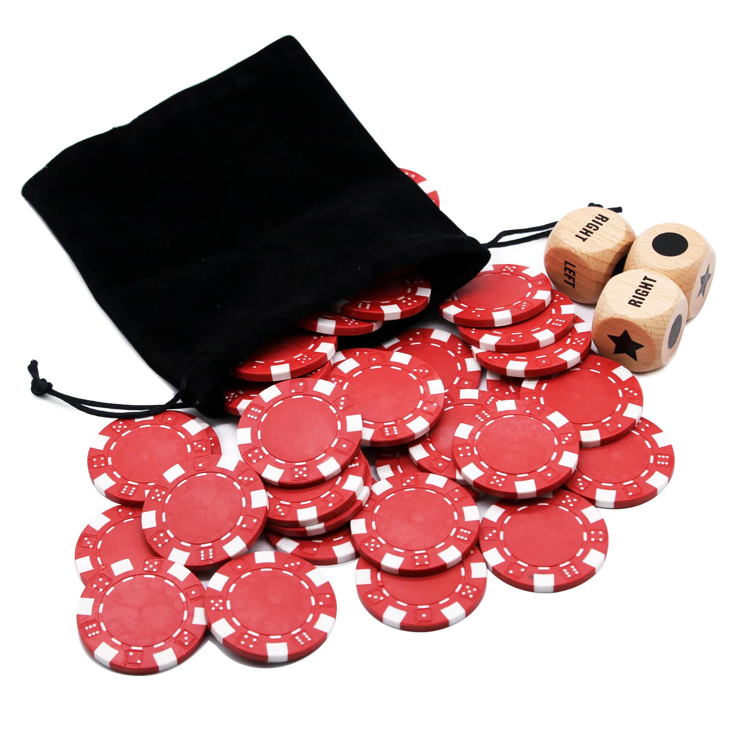 Juego de dados mejorado con 3 dados de madera de haya + 36 fichas de póquer de 0.41 oz (rojo) 2