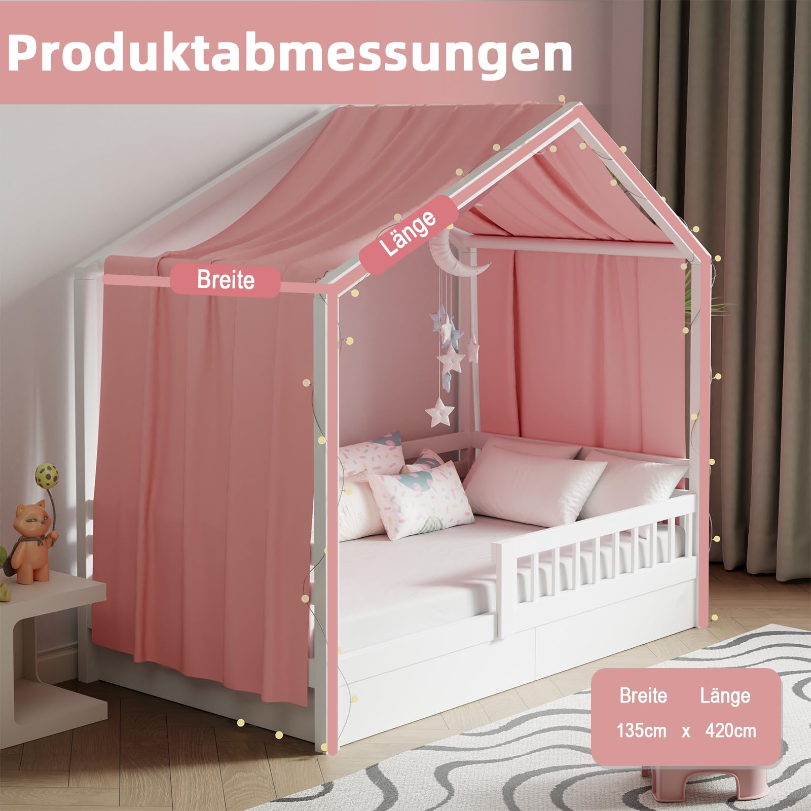 Ciel de lit avec guirlande lumineuse décorative - 135 x 420 cm - Rose