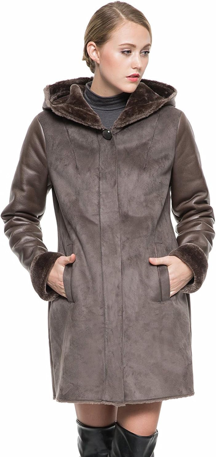Adelaqueen Women's Brown Faux Suede Coat with Fleece Lining & Hood