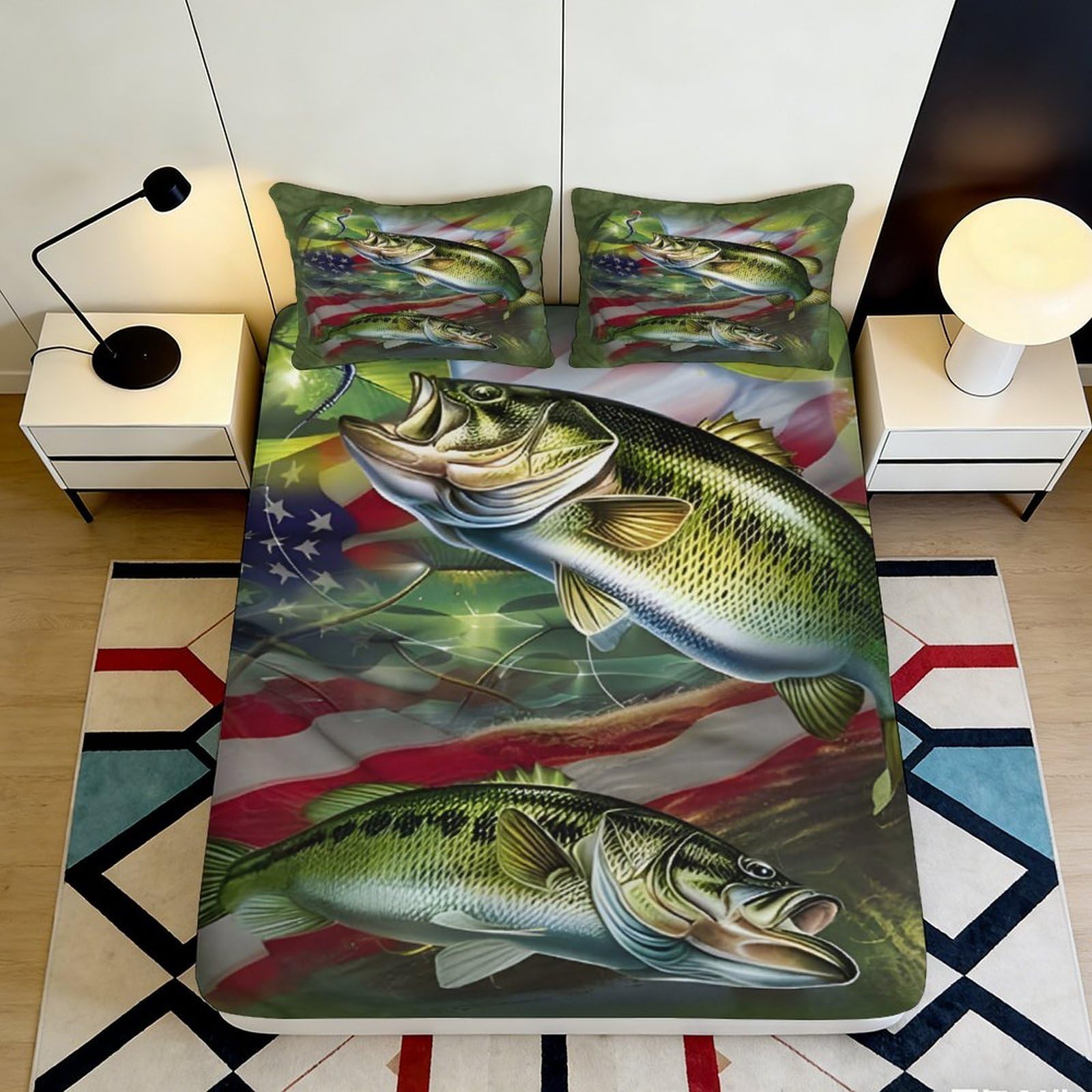 3D Printed Largemouth Bass Fitted Sheet Microfiber Soft American Flag Bed Cover Bedroom Decor Anti-Slip Washable 90x200x25cm
