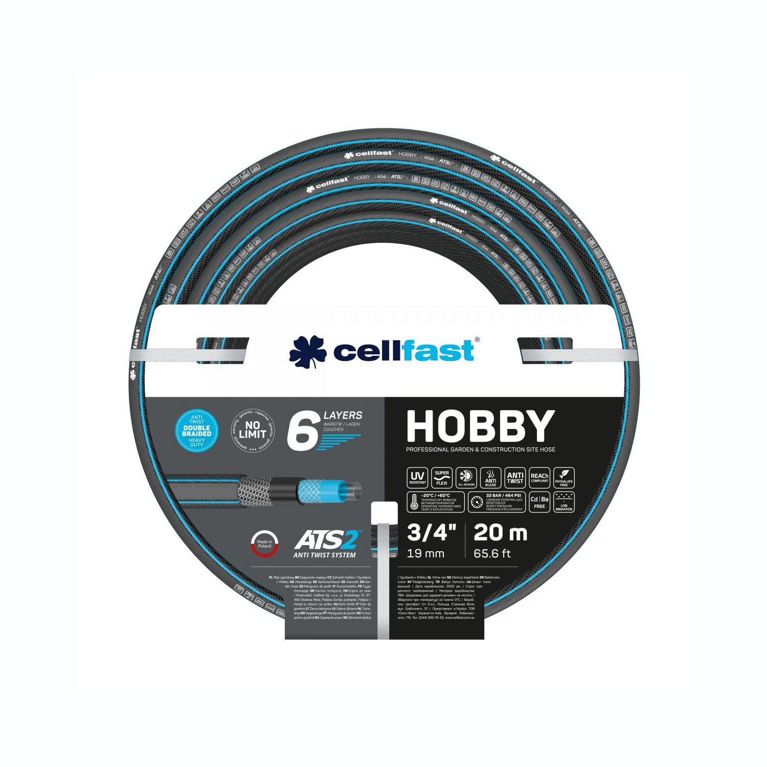 Cellfast HOBBY ATS2 Manguera de Jardín 6 Capas de Doble Trenzado con Tejido Cruzado y Tricot Resistente a la Radiación UV Antialgas (3/4" 20 m)
