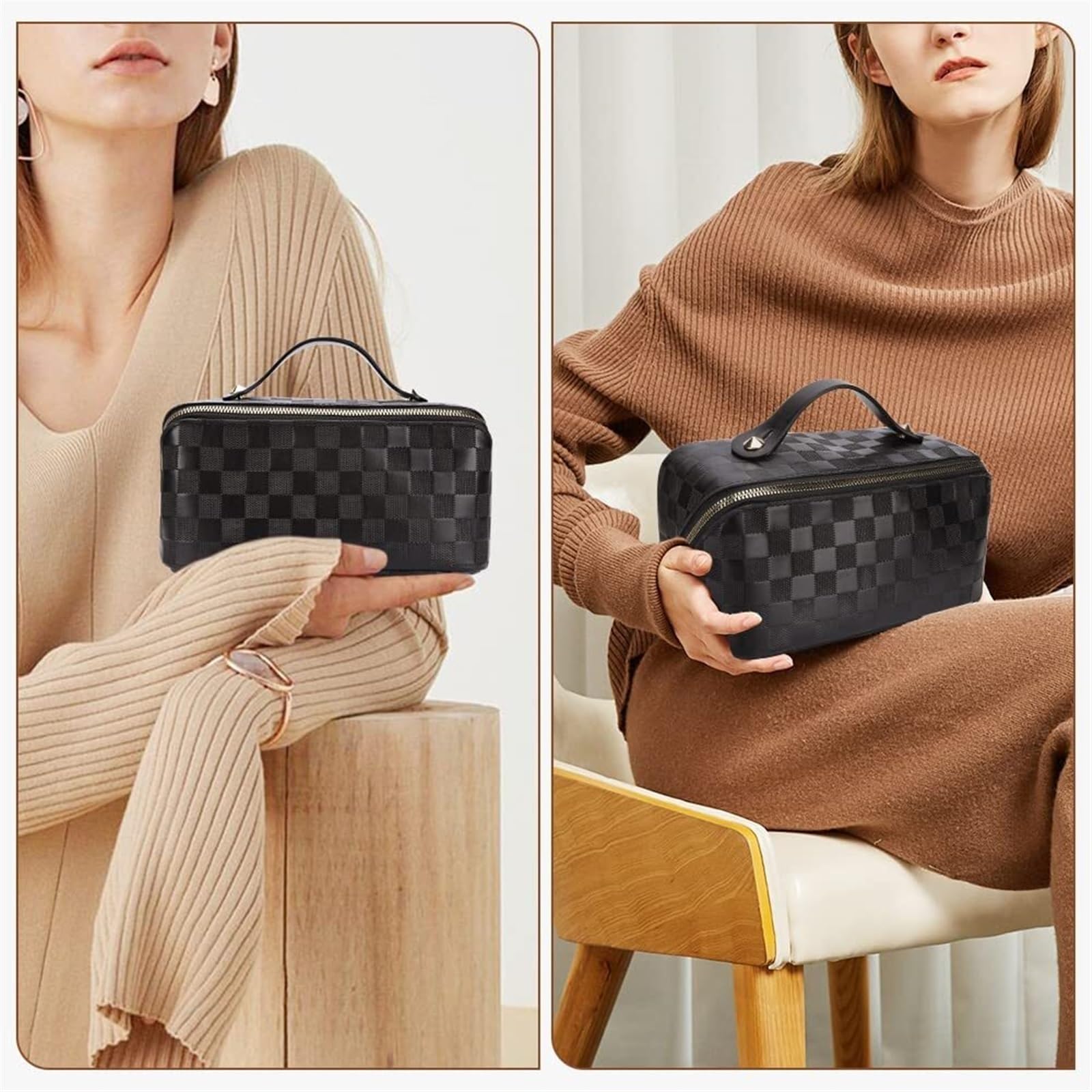 Porta Trucchi Pochette Trucchi Borsa For Cosmetici Da Viaggio Borsa For Trucchi Scozzese A Quadretti Borsa Portatile In Pelle Con Manico E Scomparti Trousse Trucchi Donna(Black)