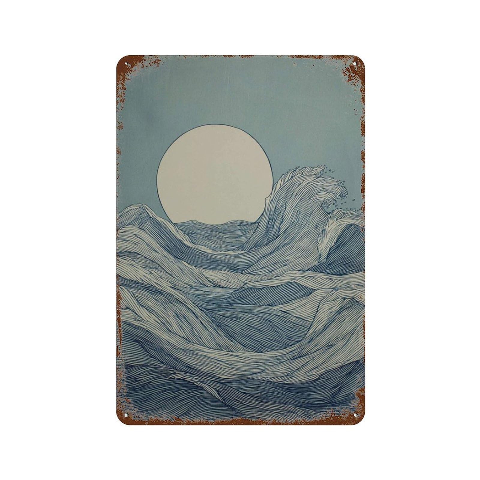 xiaoxiaoshen Japanese Ocean Wave Minimal Sea Moon Over Water Blue Coastal Tranquil Abstract N Wall Decor Art Metal Tin Poster Modern Home Decor Art Home Bar Shop Decorations Vintage Sign 30x20cm