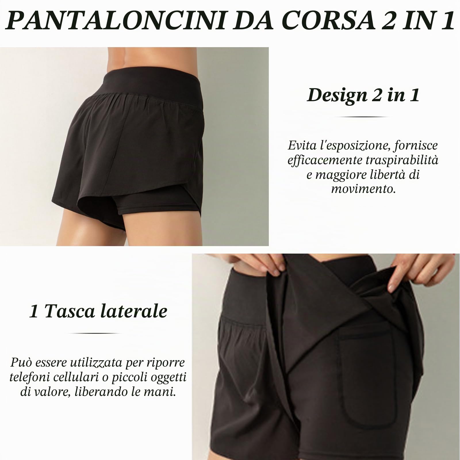 Pantaloncini da corsa 2 in 1 da donna, ad asciugatura rapida, con tasca per telefono, per allenamento, atletica, jogging, palestra, yoga, con fodera interna