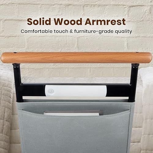 Miniatura 2 de Riel de cama con mango de madera maciza, rieles de seguridad para adultos mayores, con luz de movimiento y bolsa de almacenamiento, altura y