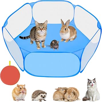 Aomig Small Animal Pet Playpen Foldable Pet Cage Tent Pop-Up Exercise Fence Transparent Animal Playpen Breathable Training Fence Hexagonal Play Pen for Guinea Pig Rabbits Hamster ChinchillasBlue