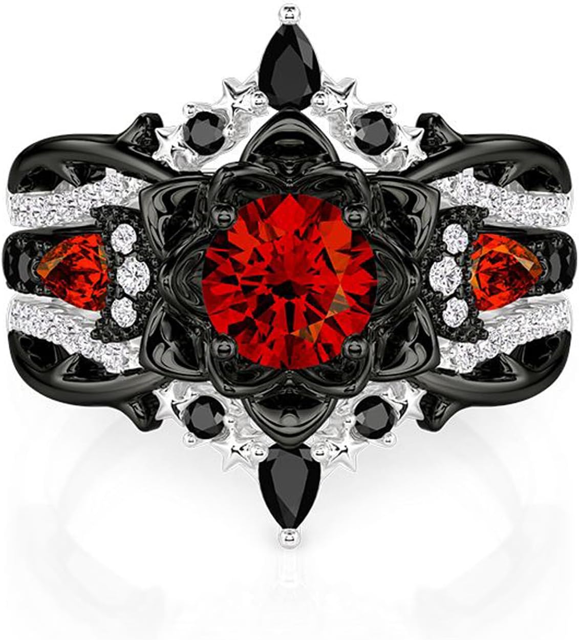 Jeulia 2PCS Wedding Ring Set Black Tone Red Gemstone Three Stone Ring Moon Star Motifs Gothic Stackable Bridal Ring Set Vintage Floral Engagement Promise Jewelry Gift for Women