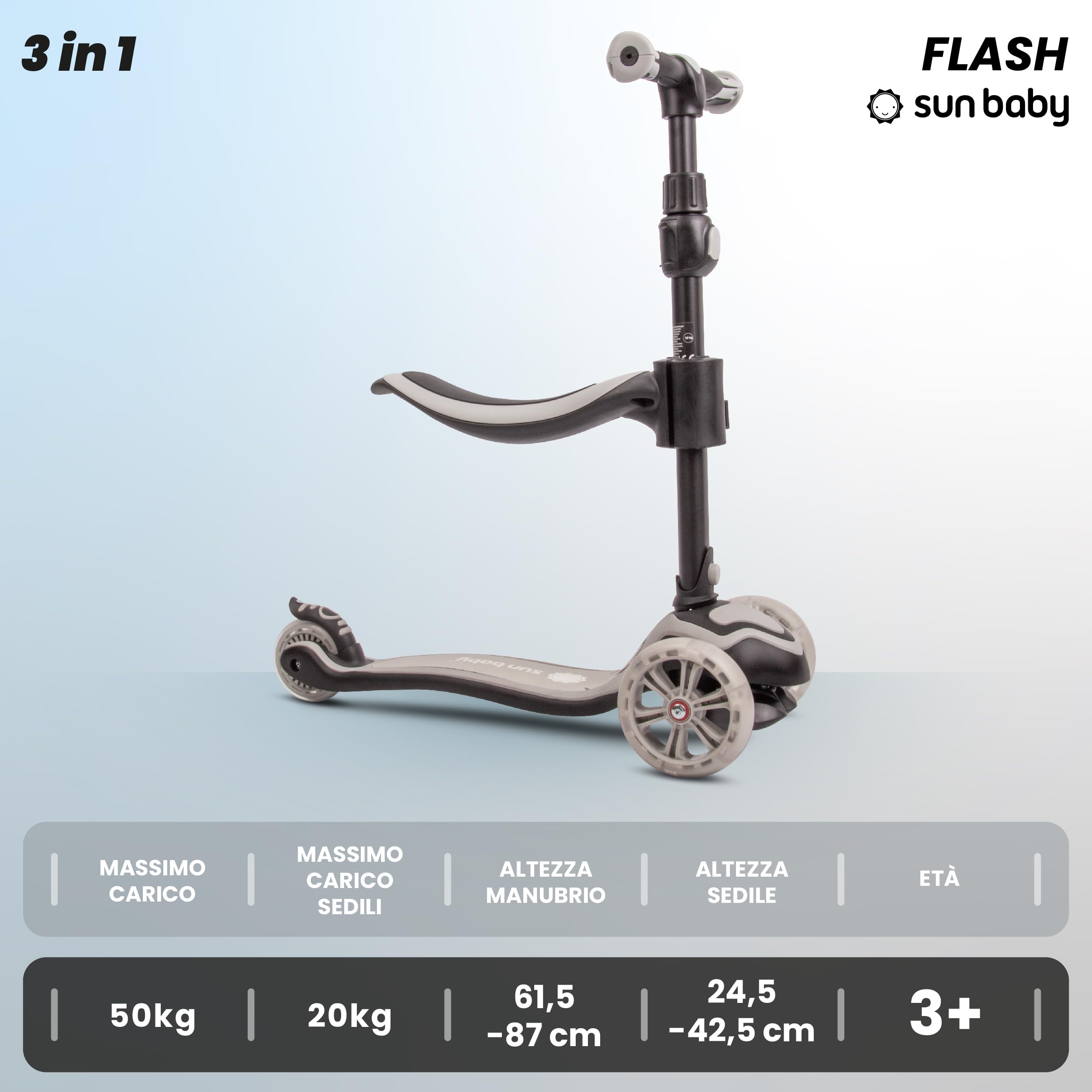 Sun Baby Monopattino per bambini 3 anni, Triciclo Scooter 3 Ruote Luminose a LED, regolabile in altezza, Children's Scooter
