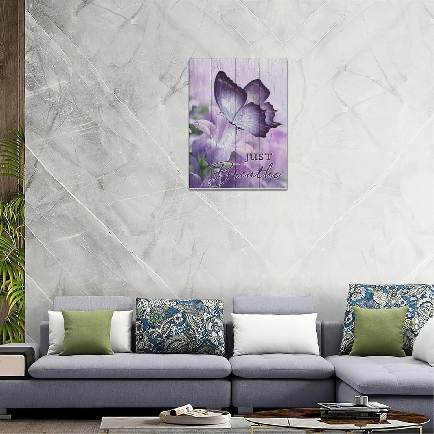Farmhouse Butterfly Wall Art Purple Bathroom Wall Decor Butterfly Lily Flower Pictures Canvas Prints Framed Modern Just Breathe Painting Artwork for Bedroom Living Room Kitchen Dining room 12"x16"