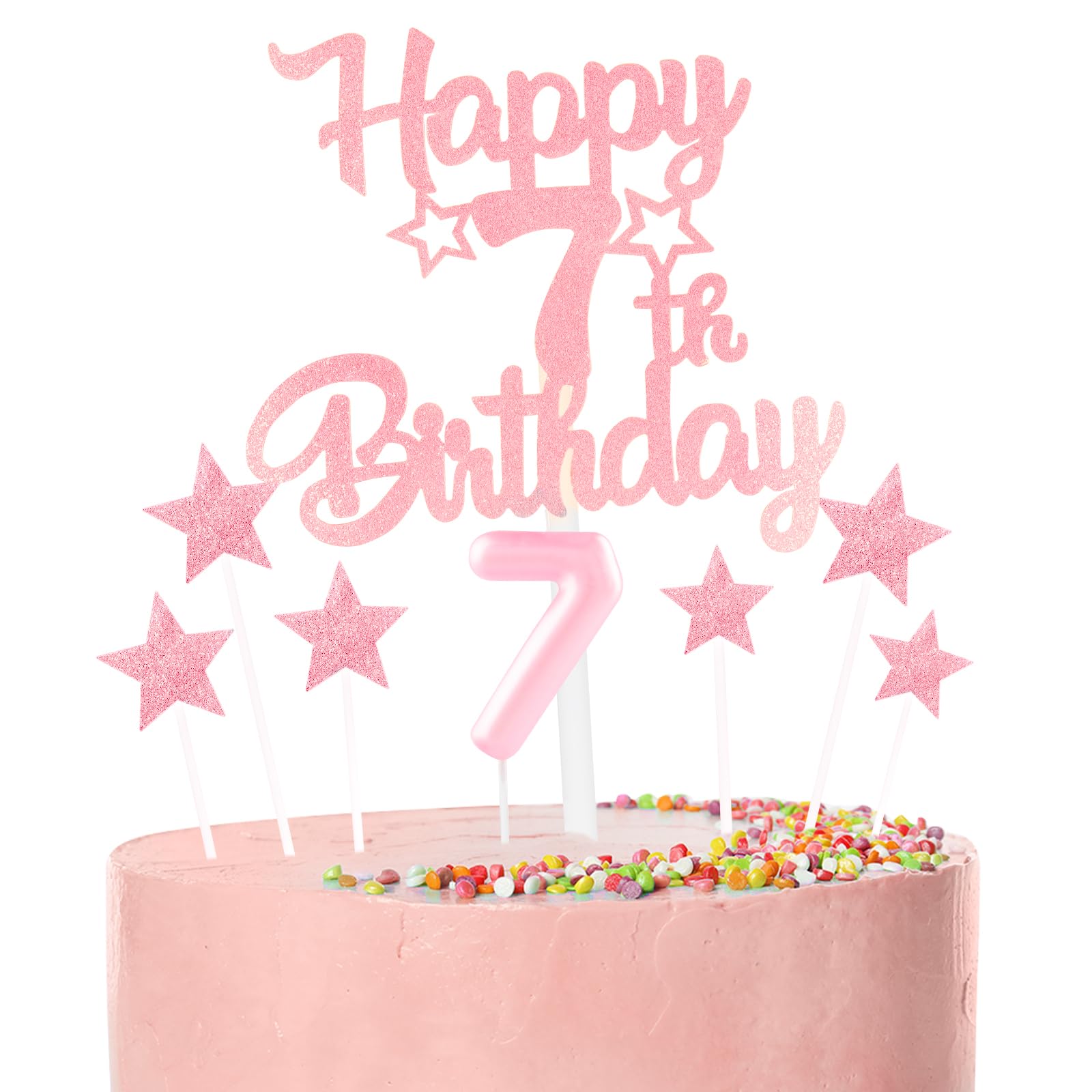 Pink Happy 7th Birthday Candles Cake Topper Set,Glitter Number 7 Birthday Candles with Pink 7th Birthday Cake Toppers Star Cupcake Toppers for Girls Anniversary Decorations โ image 1