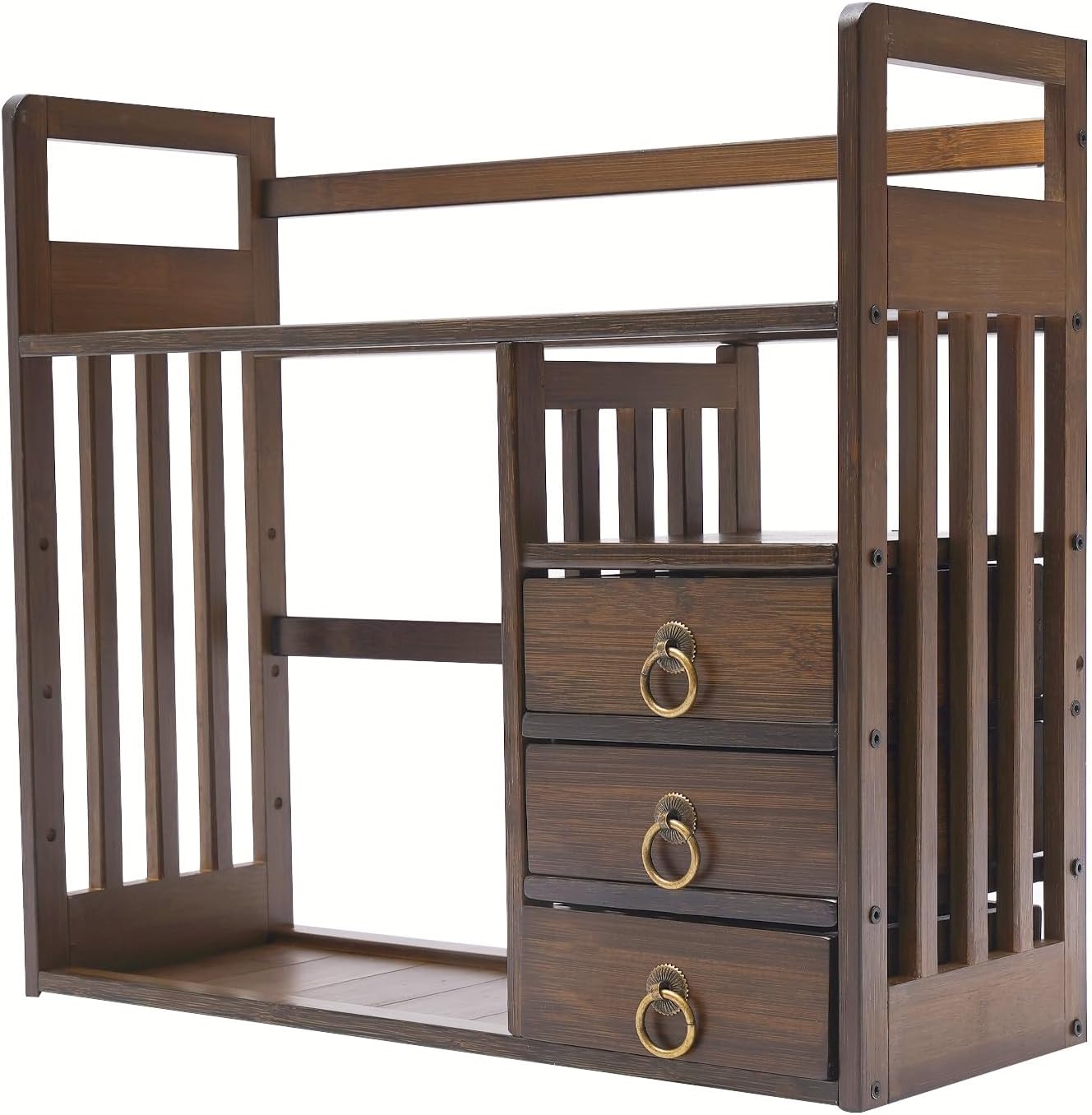 Wood Desktop Bookshelf Bamboo Bookshelf Organizer Desk Rack Storage Shelves w/3 Drawers Office for Top of Desk, Desk Hutch Desktop Book Shelf Home Office Bedroom Sturdy, Brow